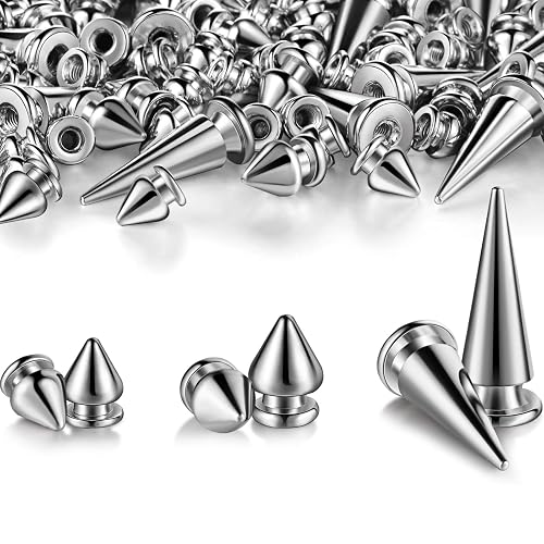 170 Pieces Multiple Sizes Cone Spikes Screwback Studs Rivets Large Medium Small Metal Tree Spikes Studs for Punk Style Clothing Accessories DIY Craft Decoration (Silver)