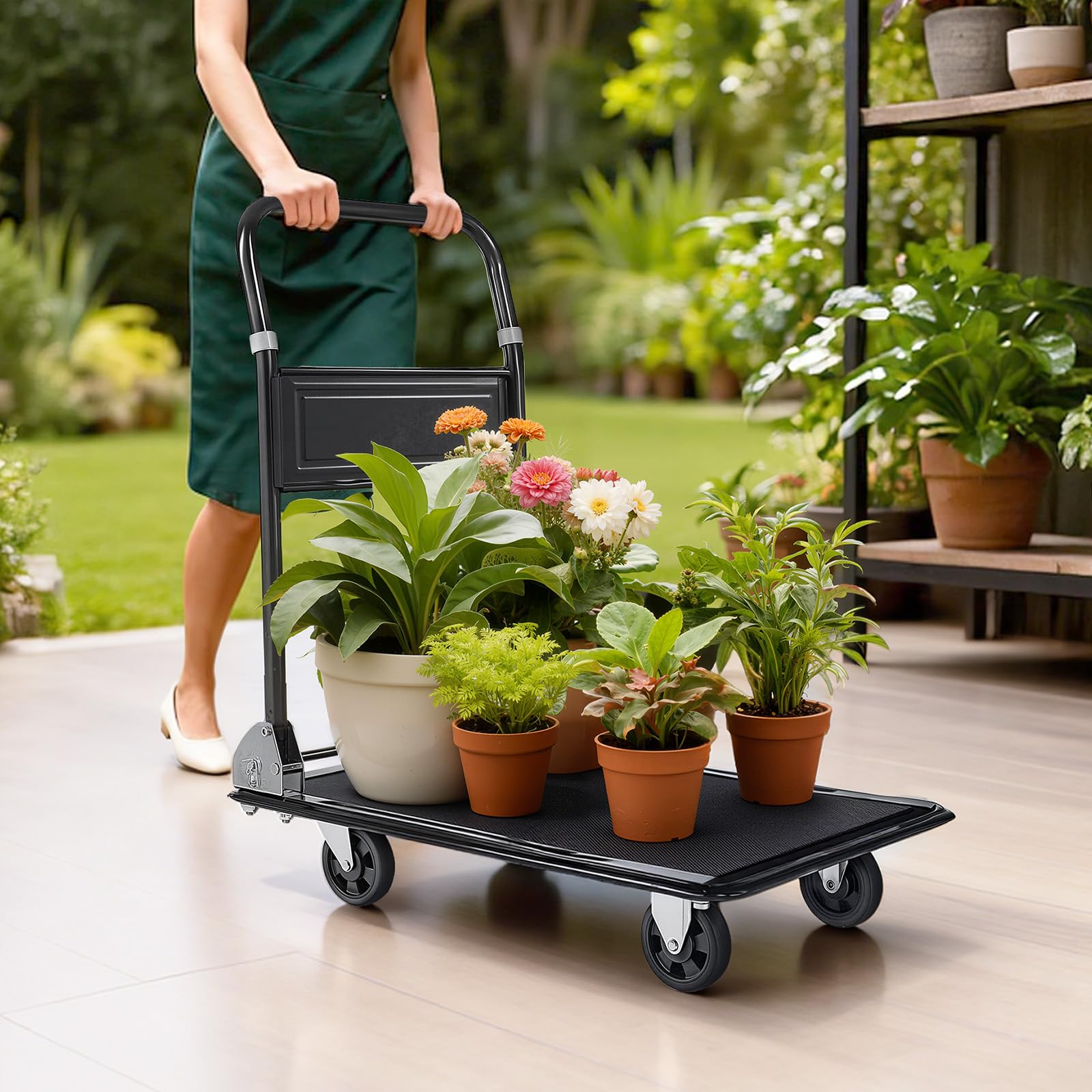 VEVOR Carrello Pieghevole 2 Ripiani per Trasporto Pacchi Merci per Magazzino Carico max. 317,51 kg, Carrello con Piattaforma con Ruote a Pianale da 2 Ripiani, per Garage, Officina, Logistica