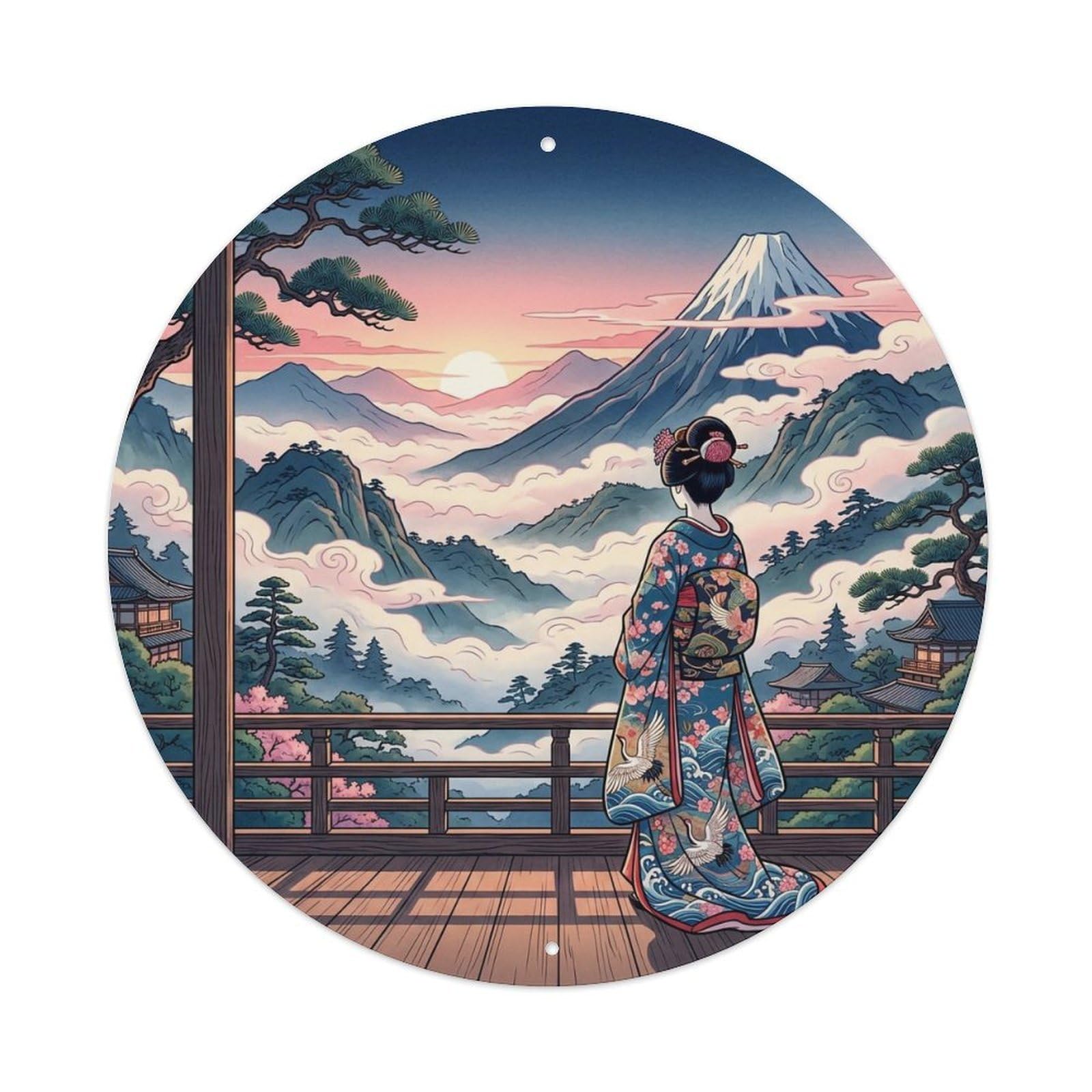 Yrnq 8X8inch Vintage Style Japanese Morning Mist Mountain Geisha View Metal Tin Sign