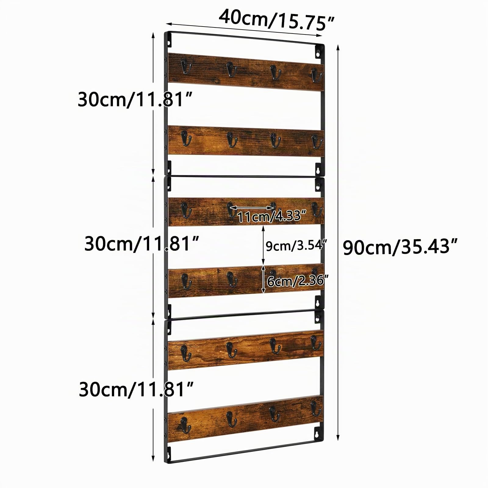 IBUYKE TBJ005H-3 Lot de 3 grands porte-tasses à café mural à 24 crochets en bois rustique pour cuisine, maison, bar, station de café, marron rustique