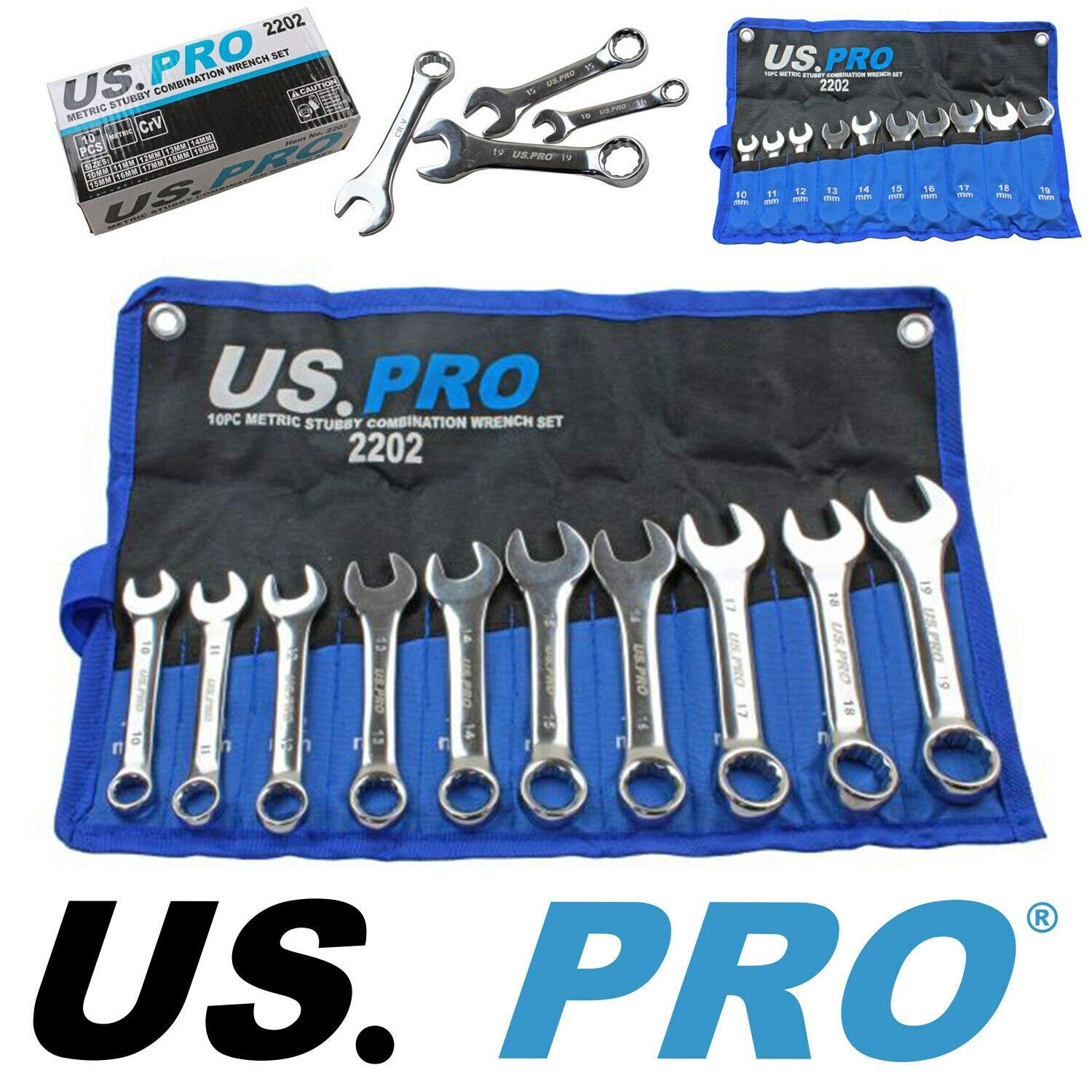 US PRO 10 Piece Stubby Metric Combination Spanner Wrench Set 10mm to 19mm 2202