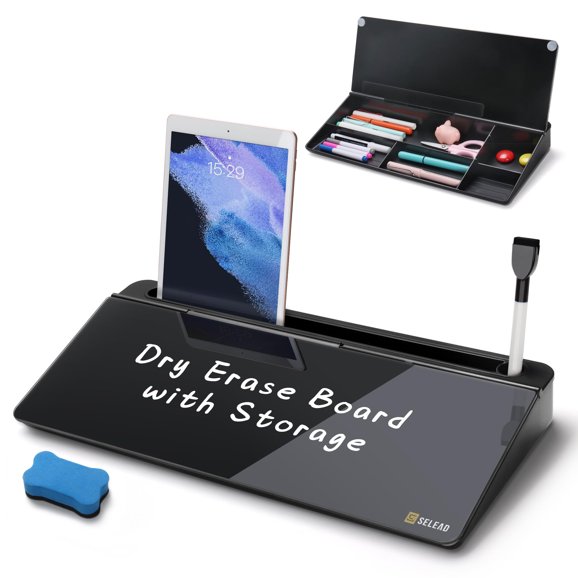 SELEAD Desktop Glass Whiteboard with Organizer, Markers, Eraser - Dry Erase Board Computer Pad Keyboard Stand with Drawer and Holder for Home, School,