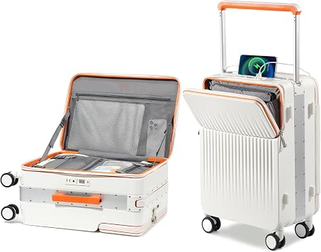 Joyway 20 Inch Top Opening Carry on Luggage with Aluminium Frame, White | TSA Approved Suitcase with Spinner Wheels, Wide Handle, Front Pocket, USB Port, Great For School, Business & Travel