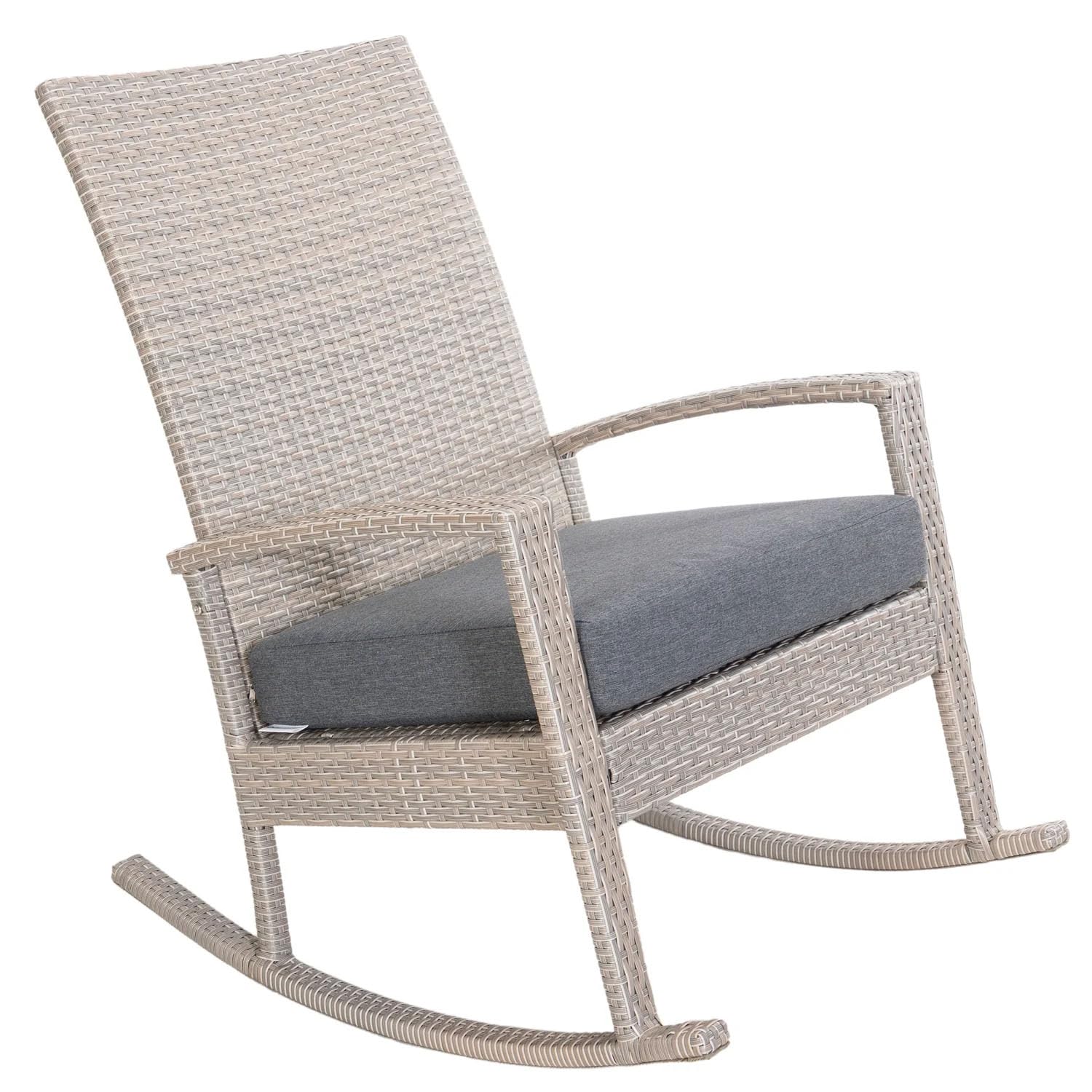 Ogarden Rocking Chair, Garten schaukelstuhl wetterfest, Poly Rattan Outdoor Schaukelstuhl, Schaukelsessel mit Kissen, für Garten, Terrasse, Balkon, Gartenstuhl (Creme - Graues Kissen)