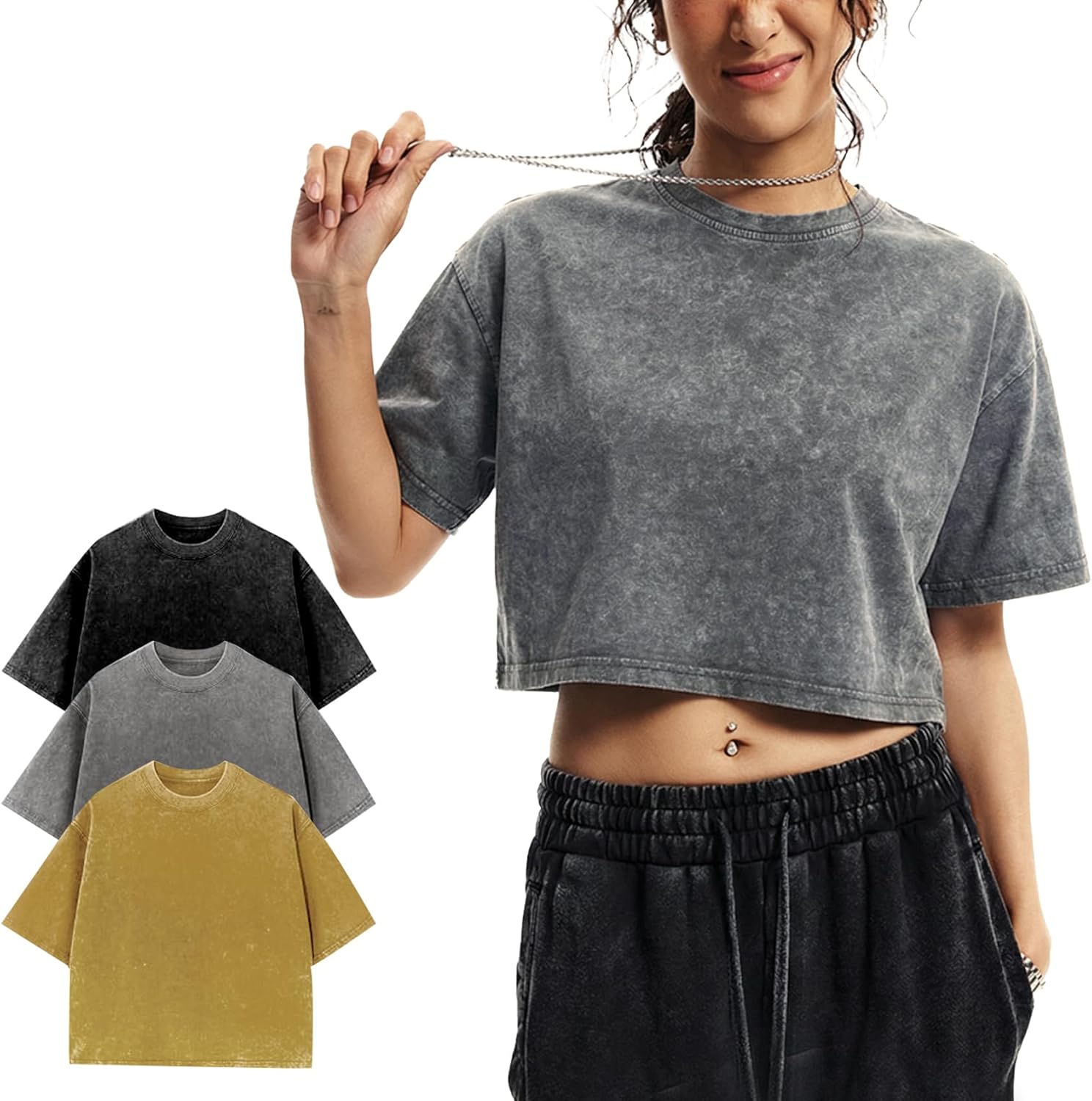 Yimoon Cropped T Shirts for Women Vintage Acid Wash Tees Short Sleeve Cotton Crop Top