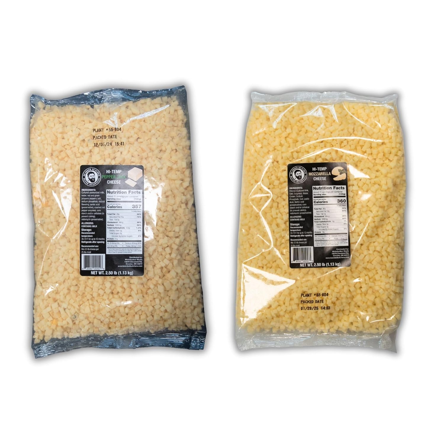 Bearded Butchers High-Temp Pepper Jack & Mozzarella Cheese, Pack of 2 (2.5 lb Bags Each)  5 lbs Total, Shelf-Stable 1/4-Inch Cubes for Up to 25 lbs of Meat Per Bag, 400F High-Temperature Cheese  Perfect for Spicy Sausages, Brats, Burgers, and More