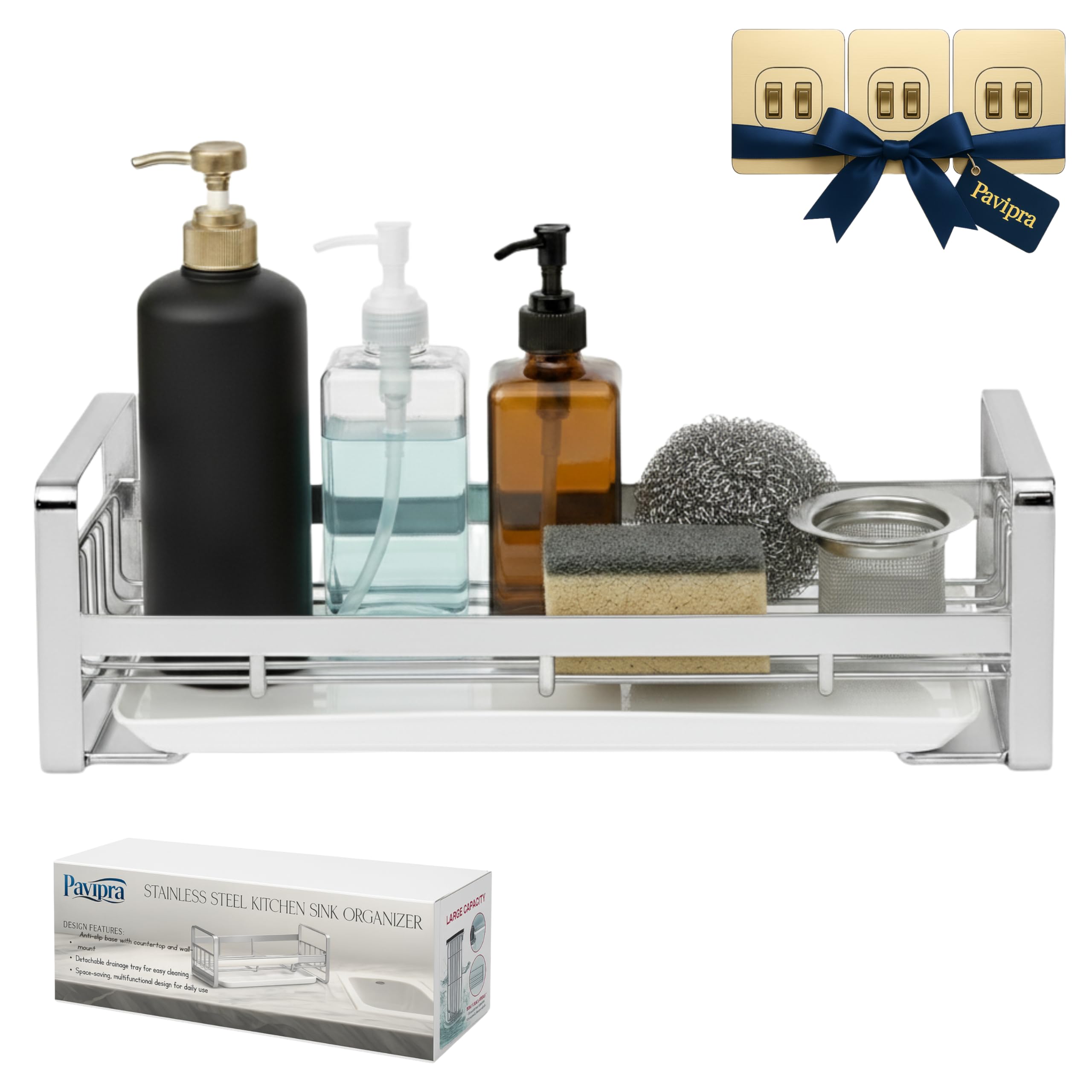 Pavipra Kitchen Sink Organiser/Sink Organizer & Sink Caddy – Soap Rack, Soap Holder, Kitchen Soap Stand for Sink, Sponge Holder with Removable Drip Tray | Wall Mount & Countertop Use