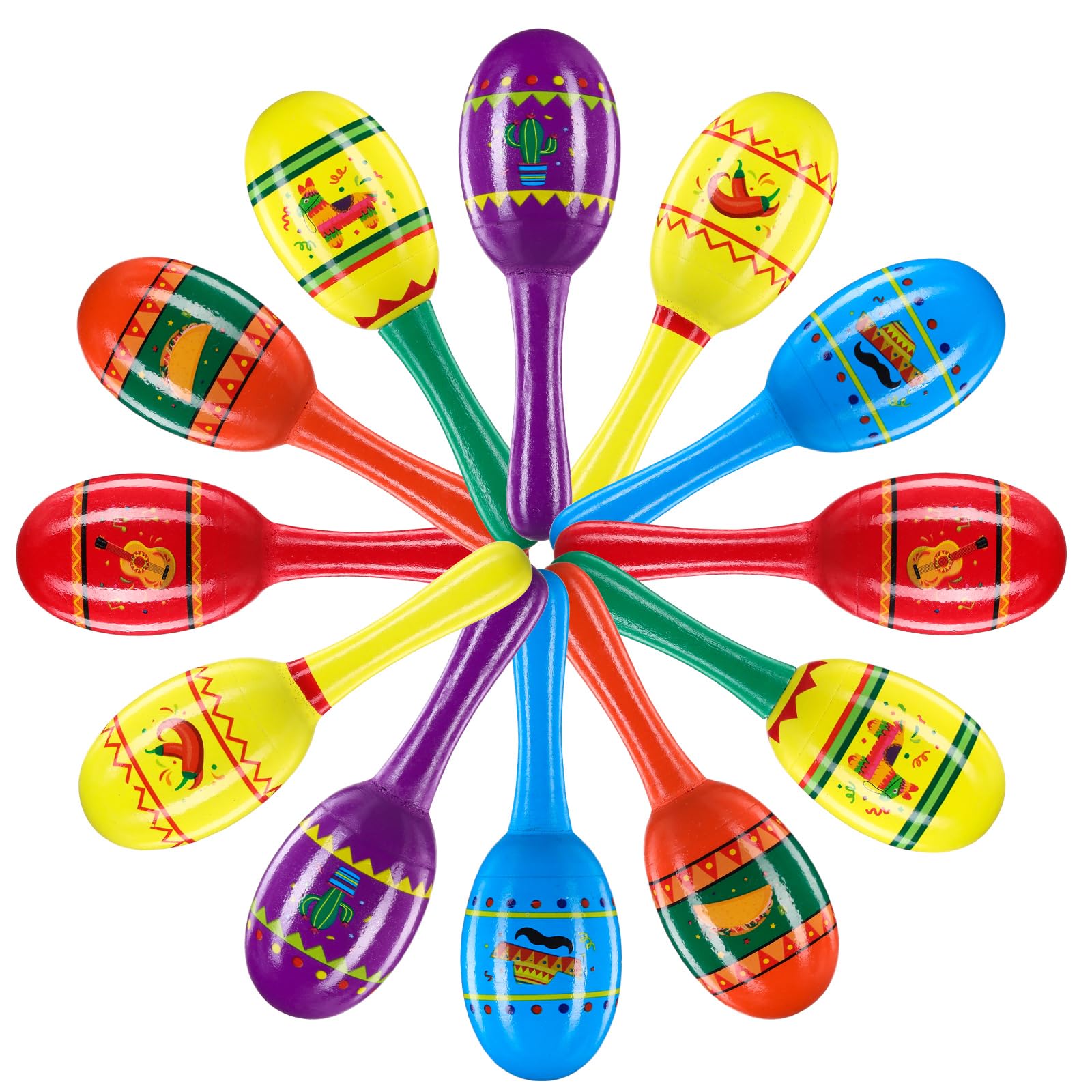 Hungdao Mexican Fiesta Wooden Maracas for Boys and Girls Cinco De Mayo Sombrero Piñata Taco Guitar Chili Cactus Wood Mini Maracas 6 Designs Noisemaker for Mexican Fiesta Party Favors(12 Pcs)