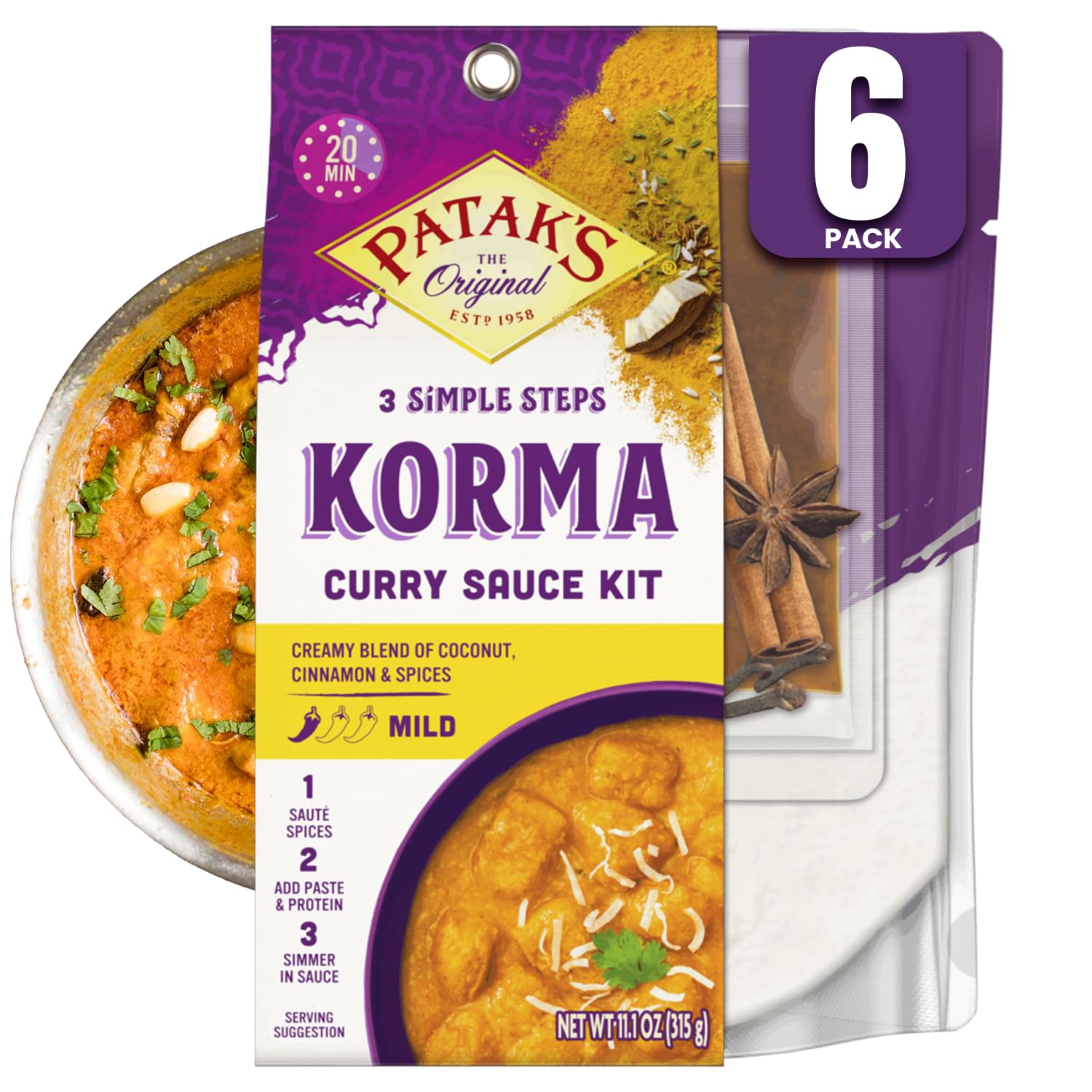 Patak’s Korma Curry 3-Step Sauce Kit - Mild & Creamy curry sauce Base with Pre-Measured Spice Paste & Whole Spices - Home Cooking korma curry sauce meal kit for Chicken, Paneer or Vegetables - 11 oz (Pack of 6)