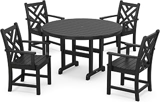 Chippendale 5-Piece Round Outdoor Dining Set, 48" Table with 4 Chairs, HDPE Patio Furniture, Recycled Plastic, Black