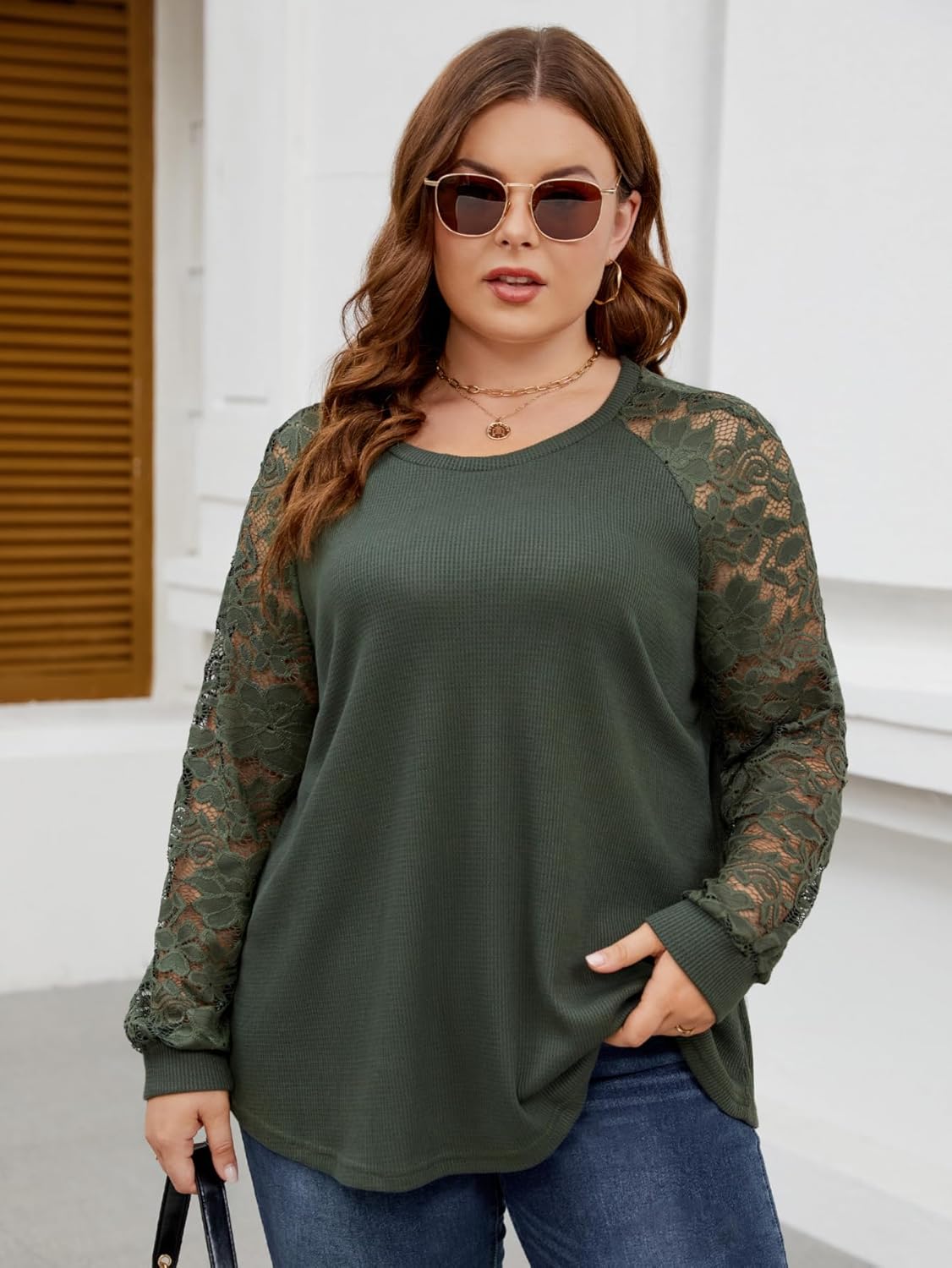 SCOMCHIC Plus Size Tops for Women Elegant Lace Long Sleeve Blouses Crew Neck Fall Dressy Shirts Loose Casual Tunics Tops - Image 2