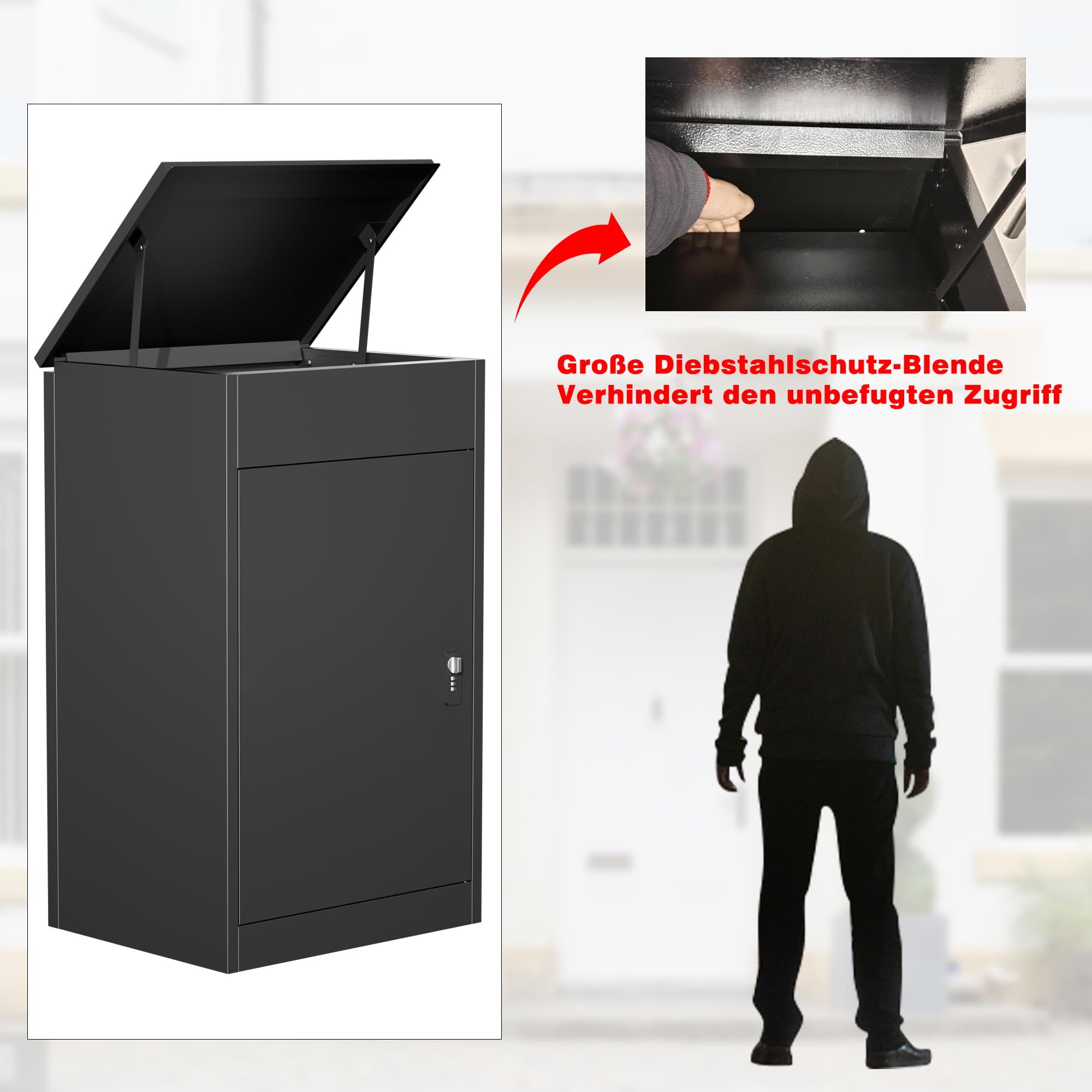 Paketbox Briefkasten mit Paketfach Paketbox Draussen Groß XXL Diebstahlgeschützter Paketbriefkasten Standbriefkasten mit Code-Schloss, wandmontiert wasserdicht für Veranda Garten