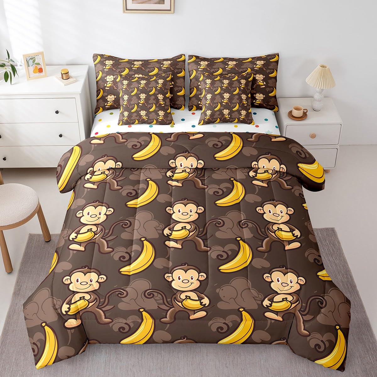 jejeloiu Monkey Comforter Set 7 Pieces Full Size Kids Banana Bedding Set for Boys Girls Teens Cute Cartoon Animals Bed in a Bag Soft Lightweight