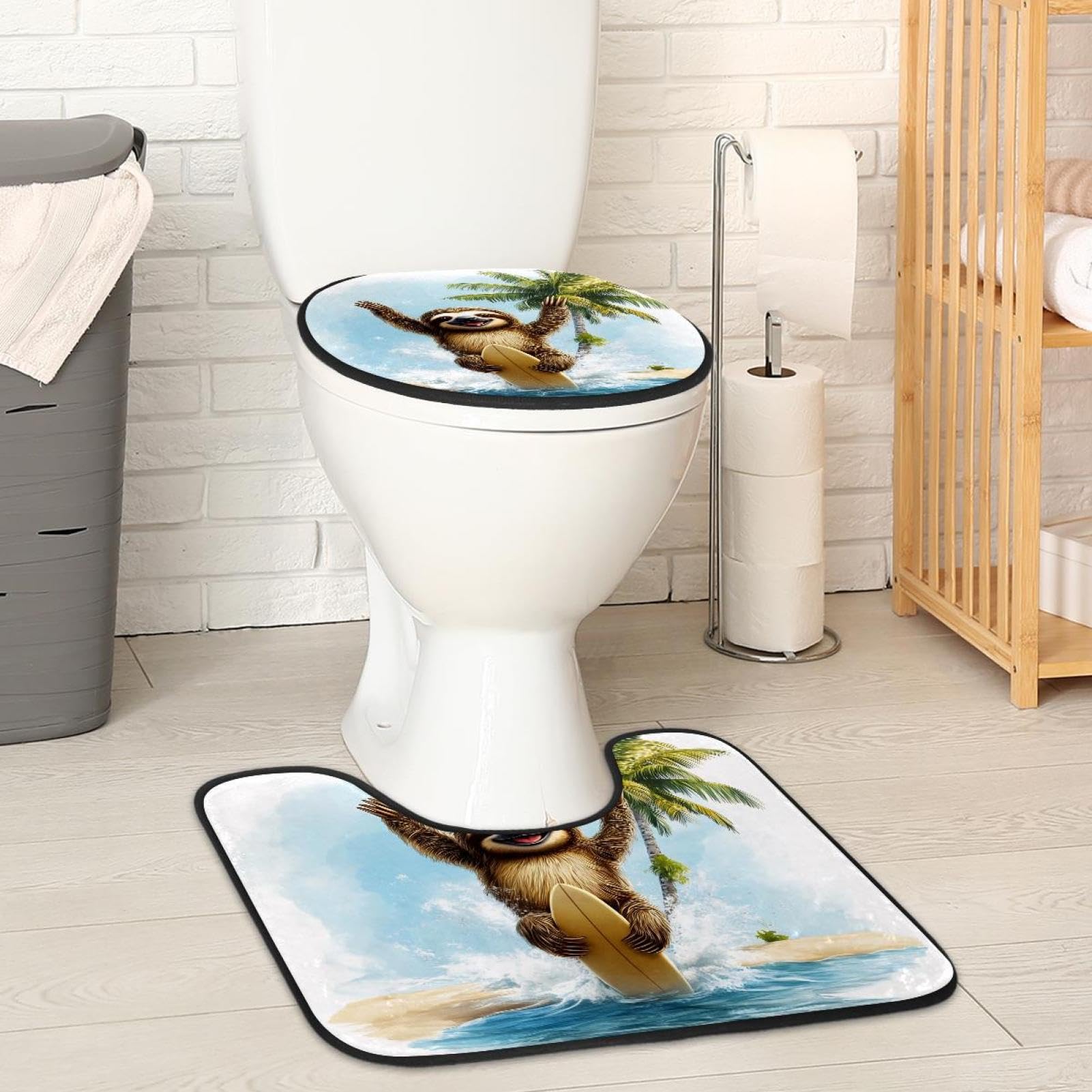 2 Pieces Flannel Toilet Contour Mat and Toilet Lid Cover, Soft Toilet Lid Cover Set Machine Washable Non Slip Contour Mat for Bathroom Decor Accessories