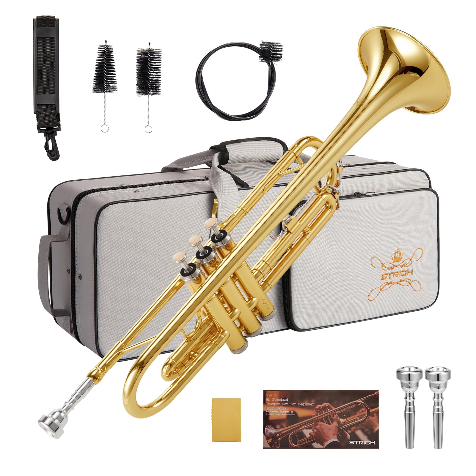 STRICH Set de trompeta estándar en Si bemol para principiantes, trompeta de metal para estudiantes con estuche rígido, kit de limpieza, boquillas 7C y 3C, guantes STR-130G, dorado