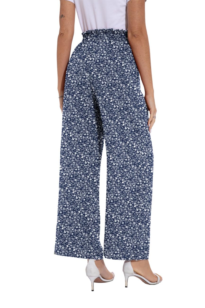 PrinStory Pantalon d'été léger à jambe large avec poches et taille élastique pour femme