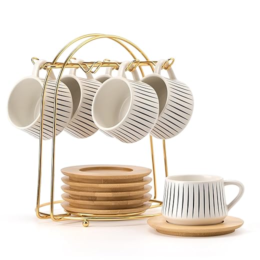 LUKA Ceramic Coffee Espresso Cups with Saucers Set with Metal Holder, 4 oz Porcelain Demitasse Cups For Tea, Espresso, Latte, Coffee, Cafe Mocha, Set of 6, White