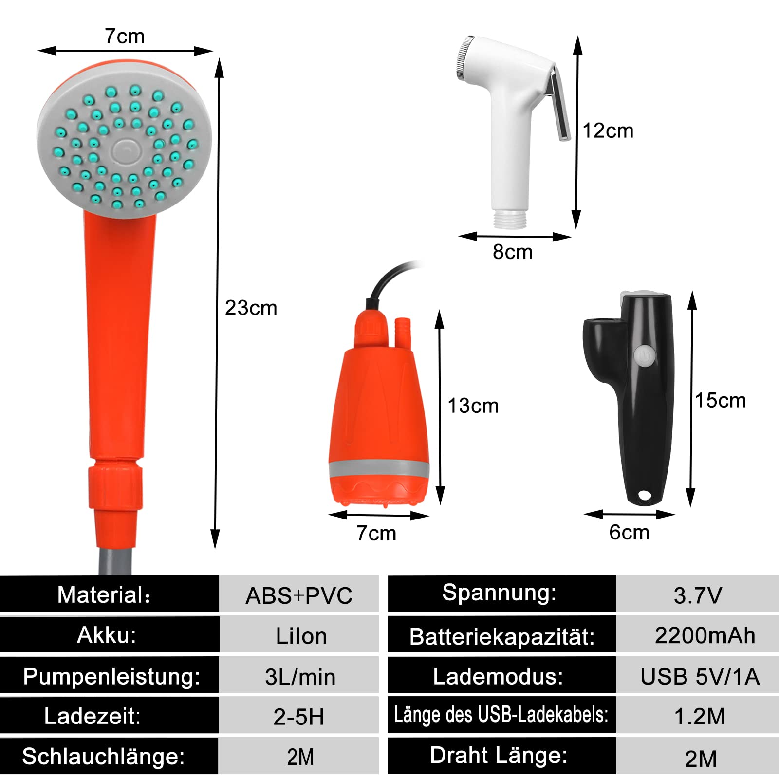 Aufun Campingdusche Akku Camping Dusche Outdoor mit Handbrause, eingebauter 2200mAh wiederaufladbarer Akku, USB-Ladekabel, Wasserpumpe für Camping, Wandern, Reisen, Garten, Strand