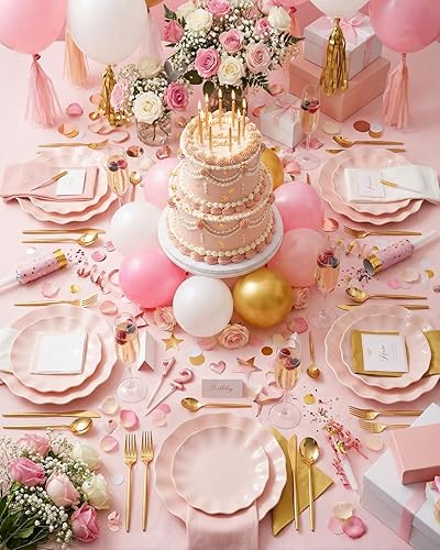 Miniatura 7 de LIYH 24 Piezas Platos Rosados Reutilizables, Plato de Plástico Rosa Festoneado Duradero y Apto para Lavavajillas, Plato de Baby Shower, Platos de