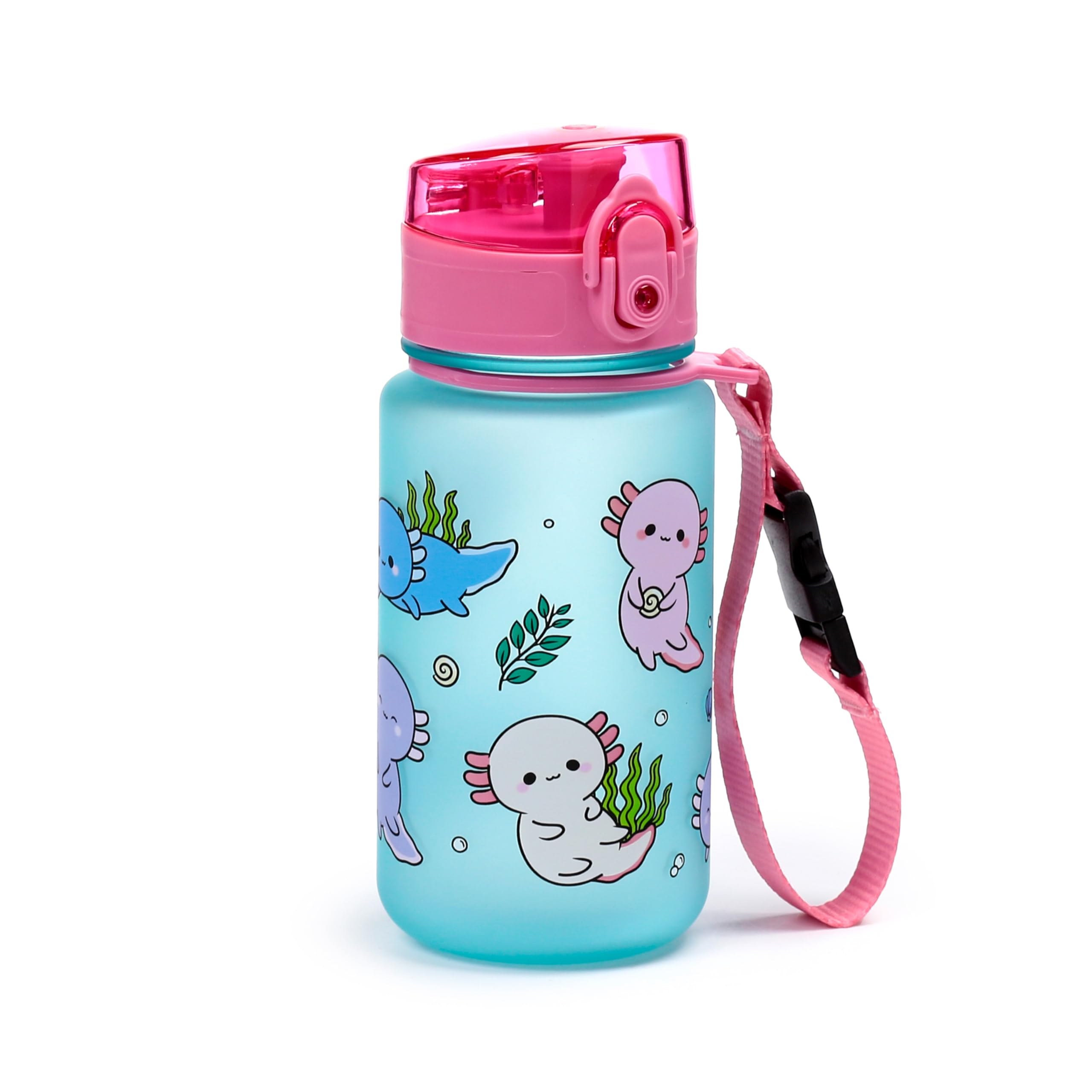 Puckator Adoramals Axolotl Pop Top 350ml Shatterproof Bottle - Reusable Insulated Active Water Bottle Flask For Girls And Boys With A Carry Handle & Straw - Bpa Free - For School Nursery