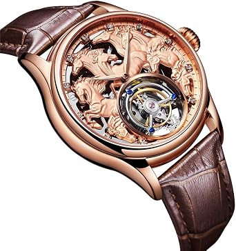 Genuine Tourbillon Mechanical Hand Wind Vintage Watch Men Skeleton Diamond Dial Wristwatch Sapphire Double-Sided Hollow Clock Chinese Zodiac Horses Pattern Meaning Success Bright Future