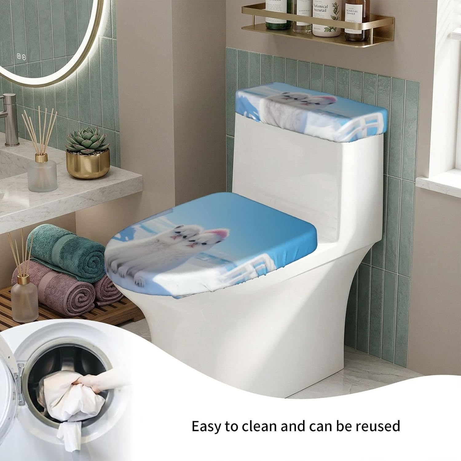 The White Little Dog In The Snow Toilet Lid Cover and Toilet Tank Lid Cover Set, 2-Piece Bathroom Toilet Lid Seat Cover Set Polyester Set for U/O/Long Shape Toilets