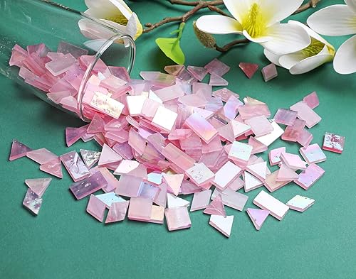 Miniatura 5 de Lanyani Azulejos de mosaico iridiscentes de vitrales para manualidades artísticas, 200 piezas, 4 formas mezcladas, brillo rosa