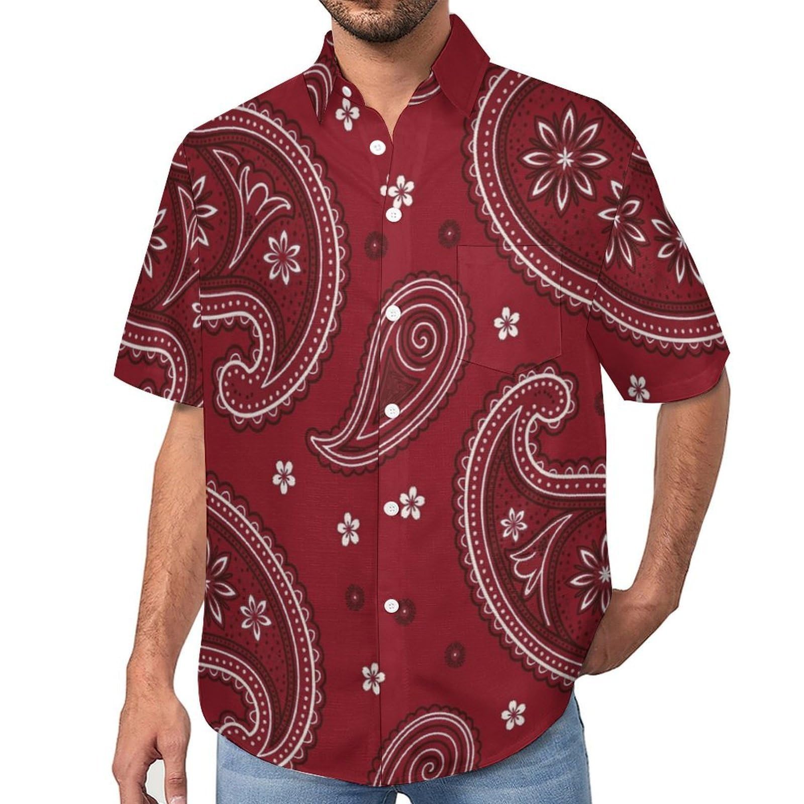 Camicia da Uomo Button Down con Stampa Motivo Paisley, Arte Etnica Camicia Hawaiana Casual a Maniche Corte Camicie da Spiaggia Camicie da Vacanza