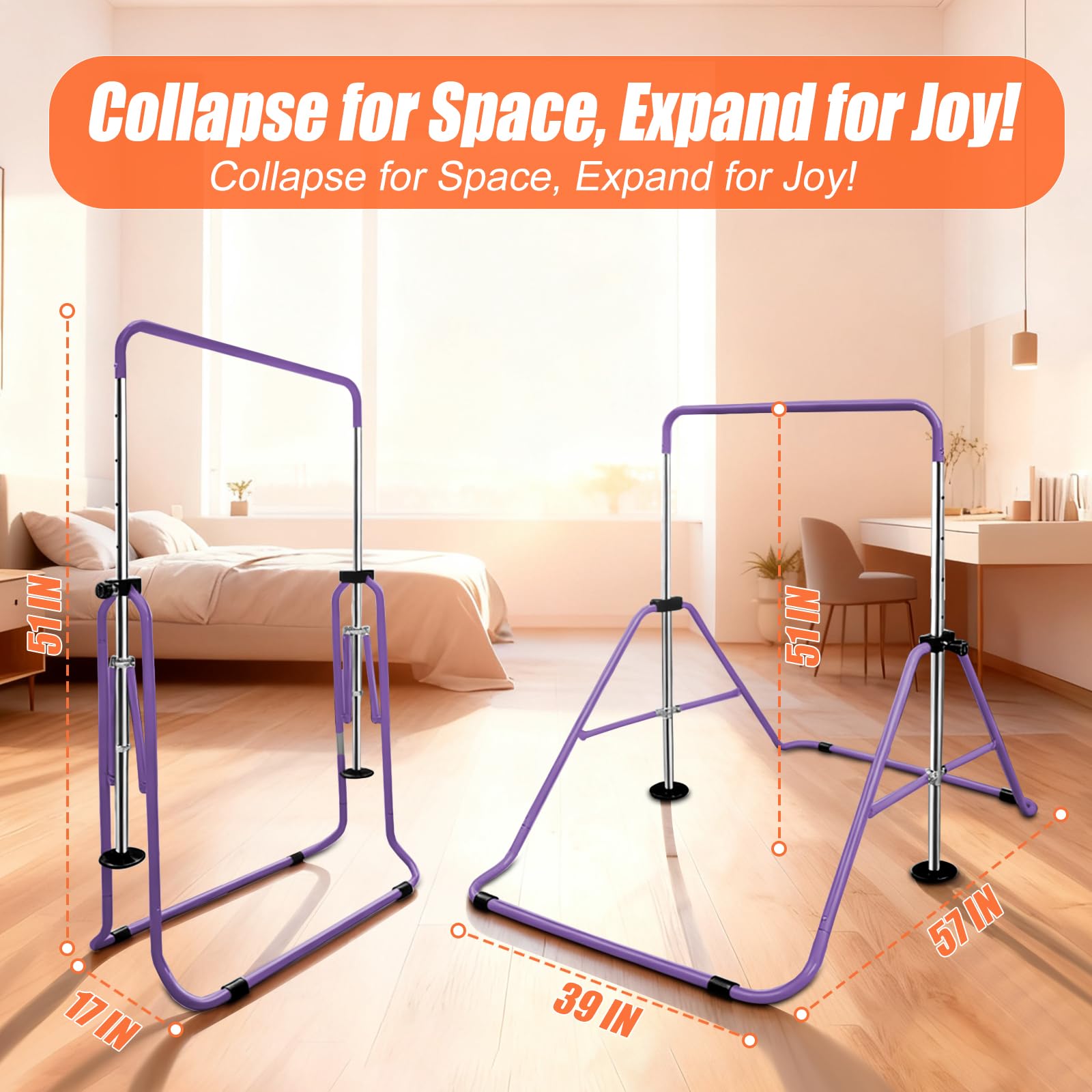 Triclicks Barre de Gymnastique pour Enfants, Barre d'entraînement Pliable avec Hauteur réglable, Barres Horizontales Extensibles pour Enfants, Filles, garçons (Violet 2)