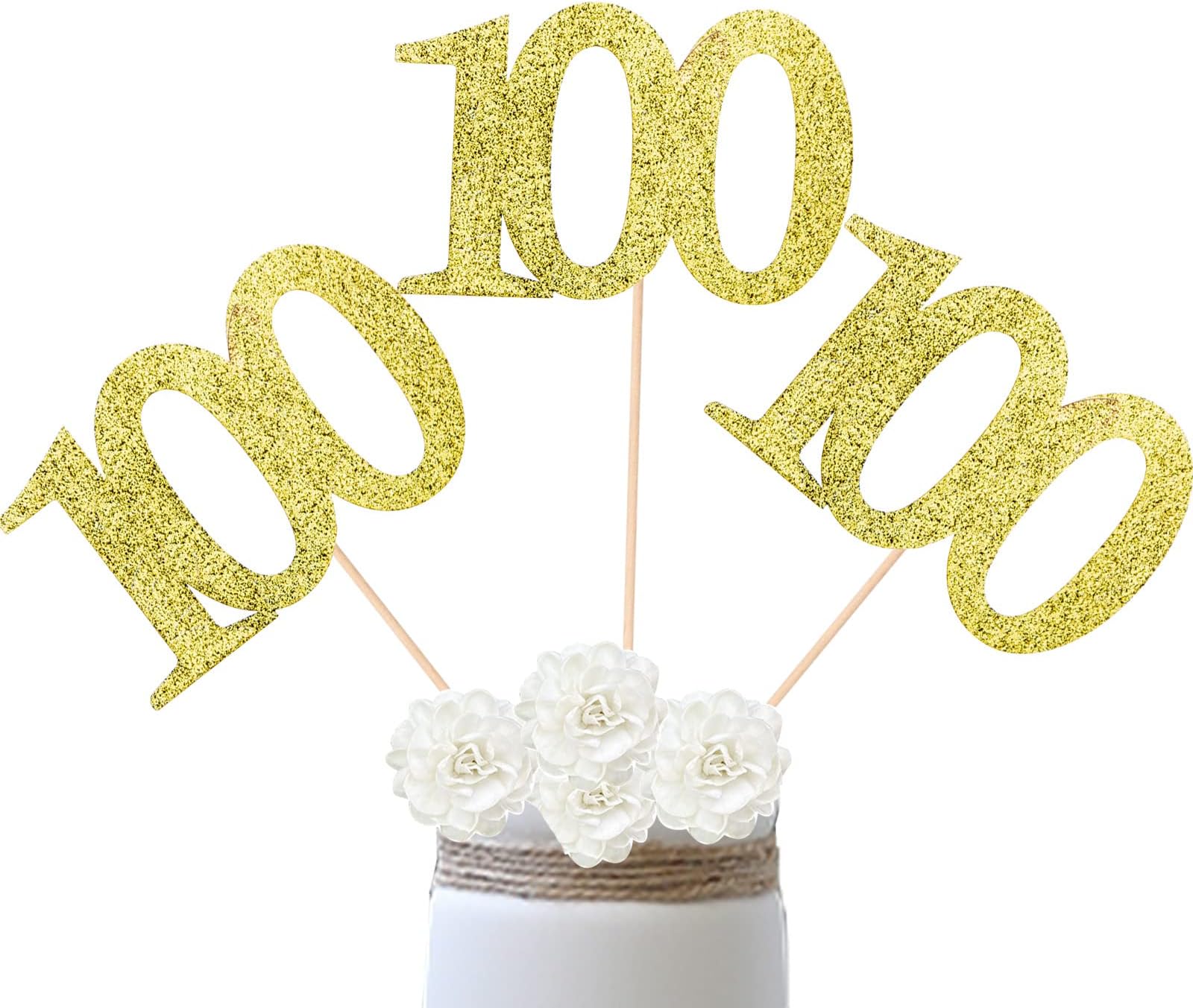 ALISSAR 10-Pack Double Sided Glitter Gold 100th Birthday Cake Topper, Table Topper Decorations for Party