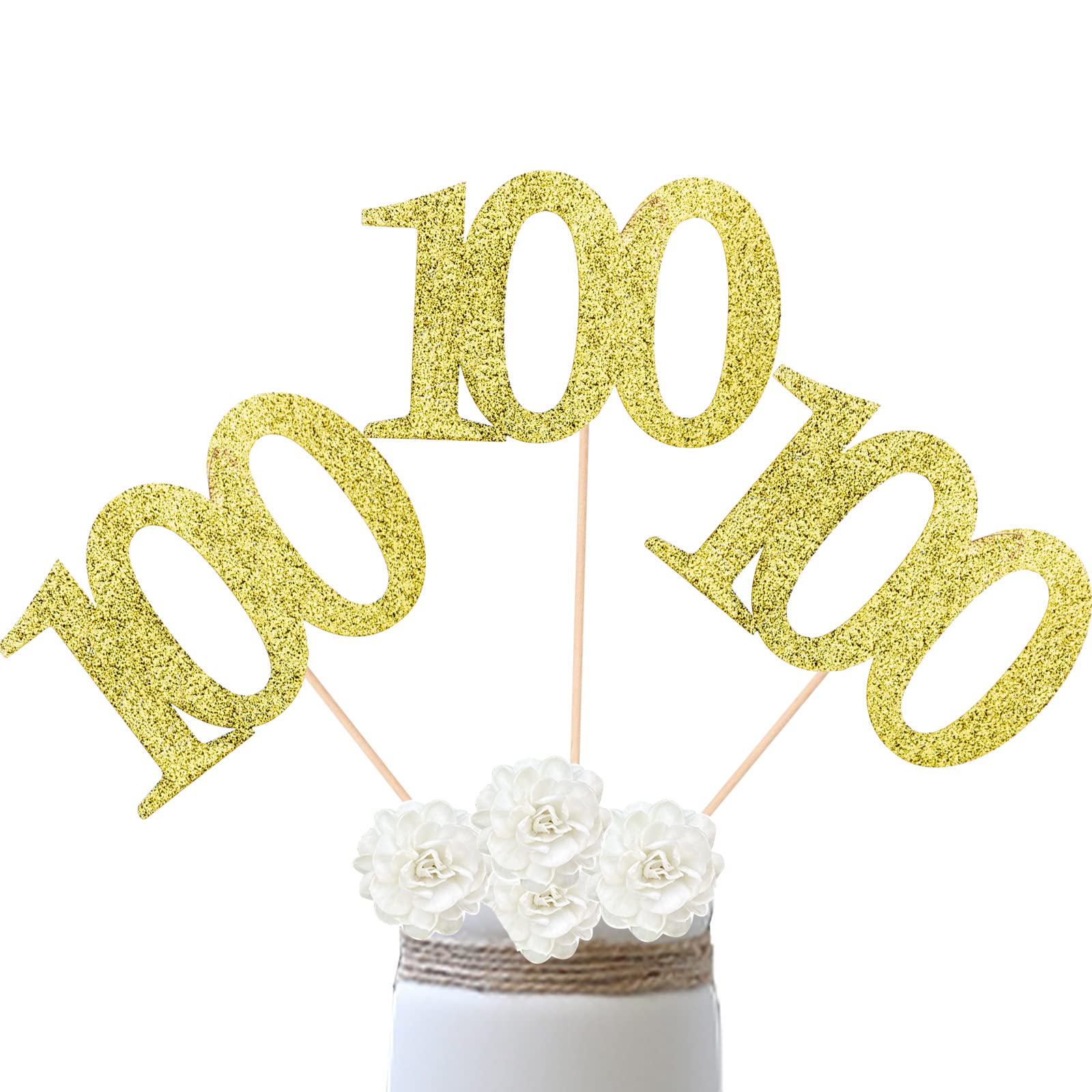 ALISSAR 10-Pack Double Sided Glitter Gold 100th Birthday Cake Topper, Table Topper Decorations for Party