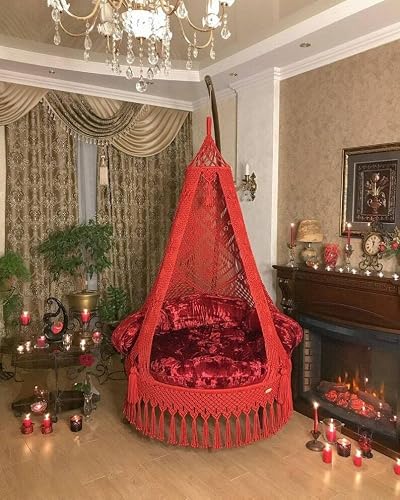 Luxurious Red Swing Macrame Hammock Chair Round Swing Hanging Cotton Swing Chair By Himalayan Handicrafts (70 Cm ( With Cushion)) #TOP21
