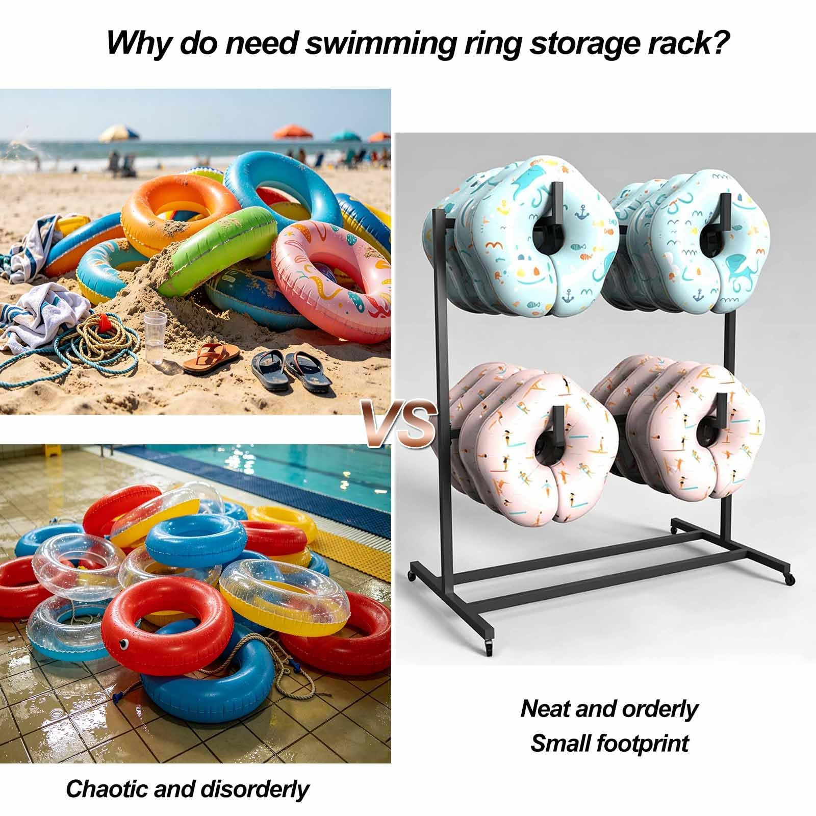 Supporto a 2 livelli per galleggianti da piscina, organizer esterno per bordo piscina, organizer con ruote e barra trasversale, adatto per attrezzature e accessori nuoto