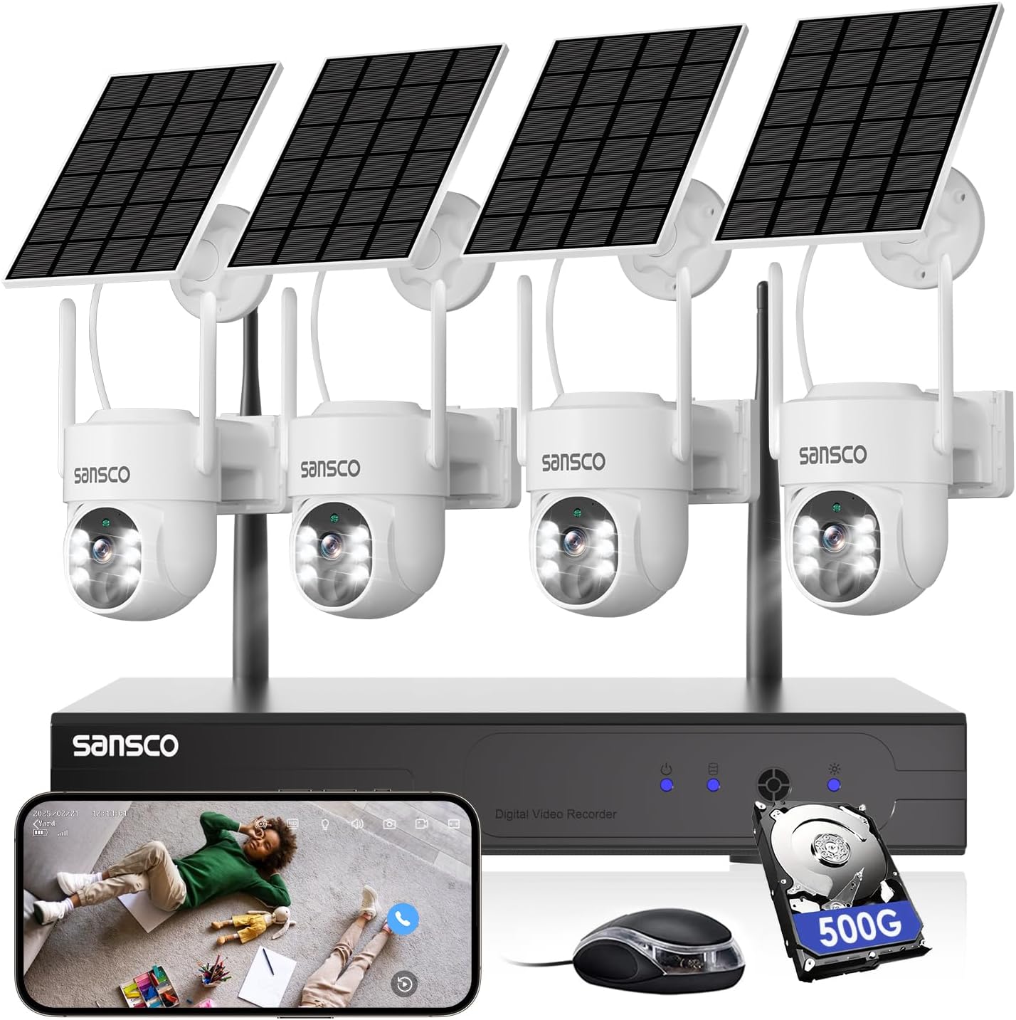 [TRUE Wire-Free] SANSCO Wireless Solar Security Camera System Outdoor, 10CH 2K NVR Recorder with 500GB Hard Drive, 180 Days Local Storage, (4) 4MP Battery Powered Ptz Camera, 2 Way Audio, Night Vision