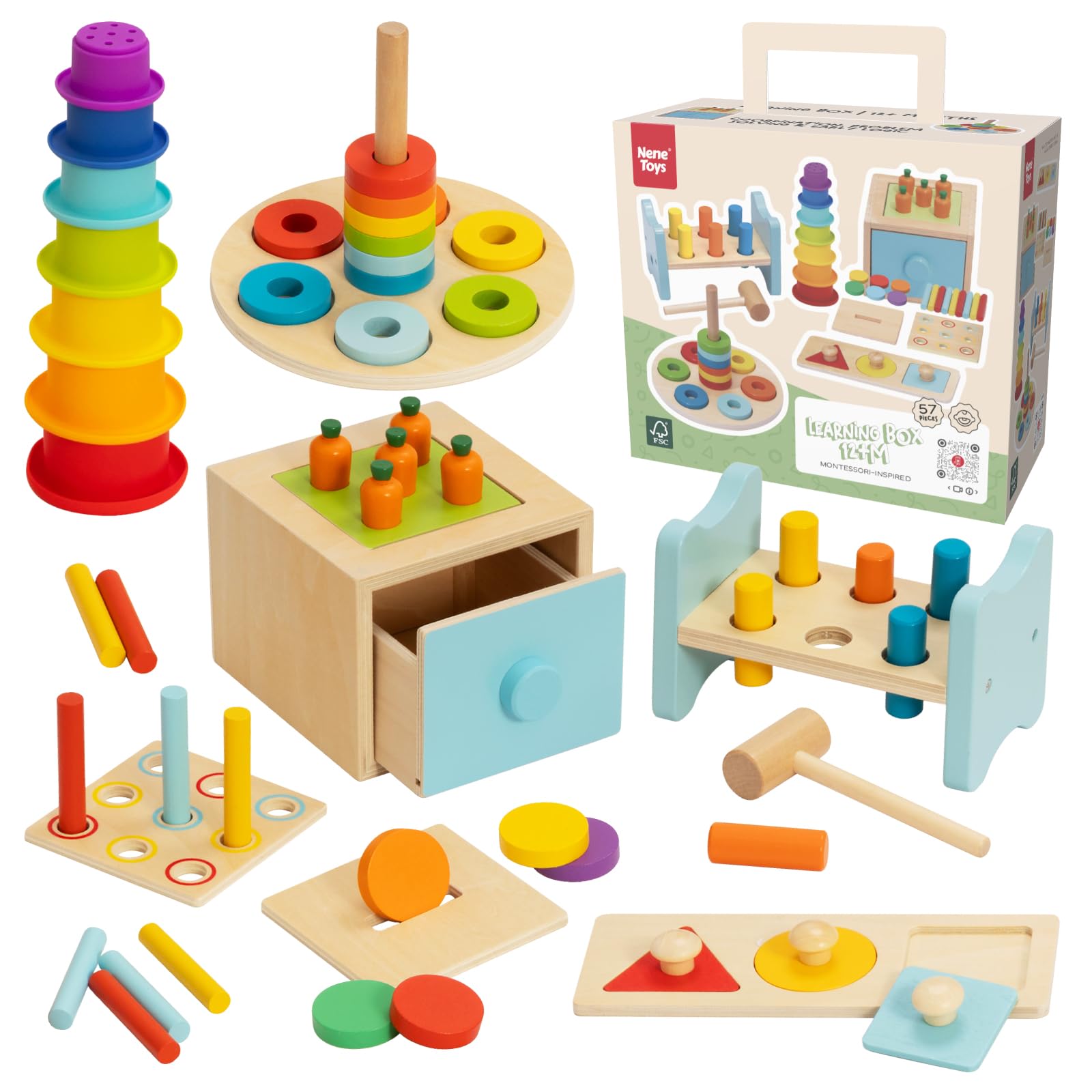 Nene Toys Montessori Zestaw Edukacyjny dla Dzieci 12–24 Miesięcy – Learning Box 12+M z Skrzynką 3w1, Kubeczkami, Ławką do Wbijania, Puzzle Kształty i Wieżą z Pierścieni – FSC Drewniane Zabawki