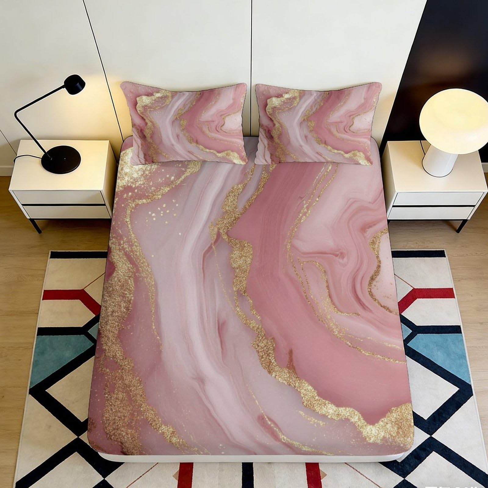 3D Printed Pink Marble Fitted Sheet Microfiber Soft Gold Veins Bed Cover Anti-Slip Washable for Bedroom Guestroom Decor 140x200x25cm