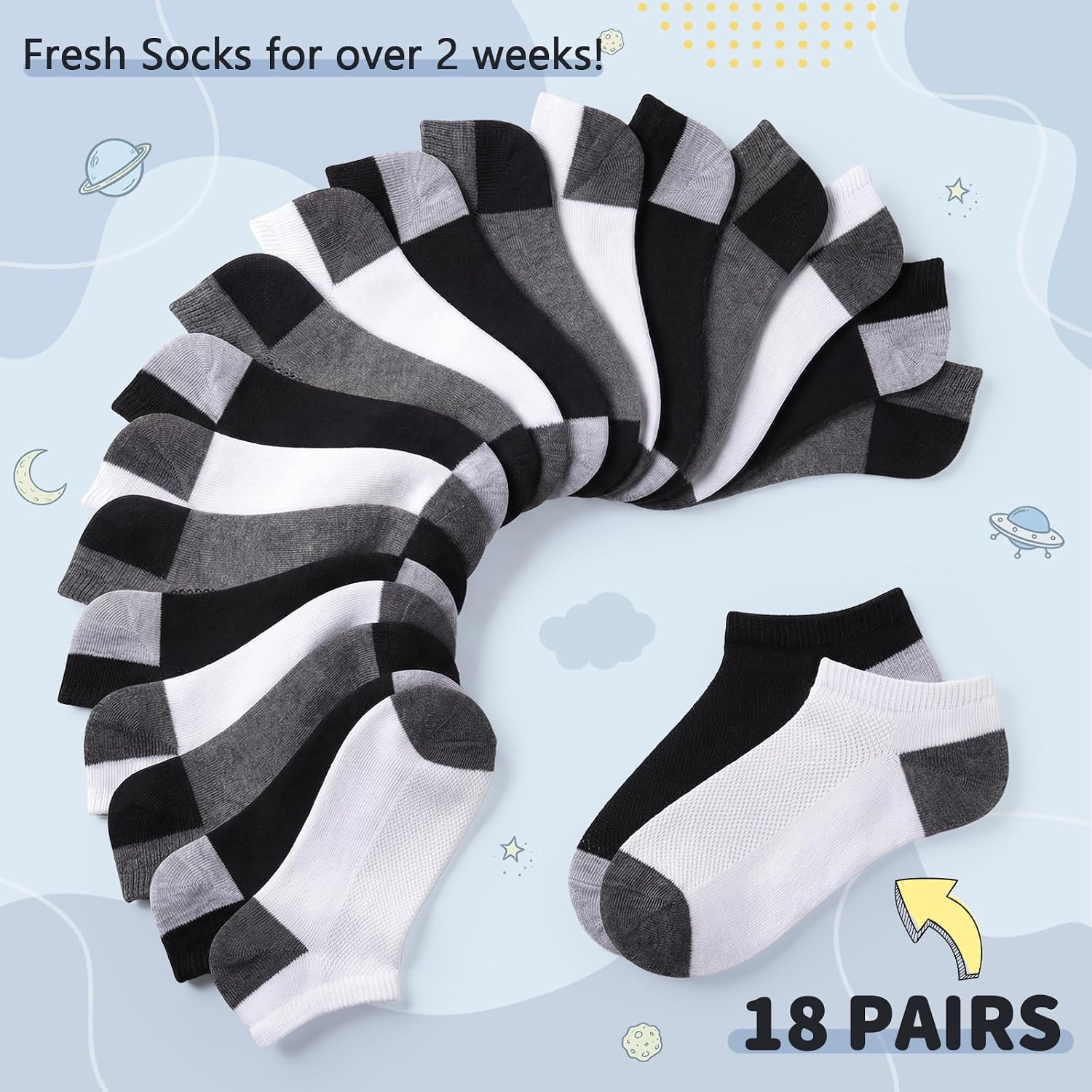 18 Pairs Boys Girls Ankle Socks, Thin Breathable Athletic Low Cut Kids Socks Aged 7-10