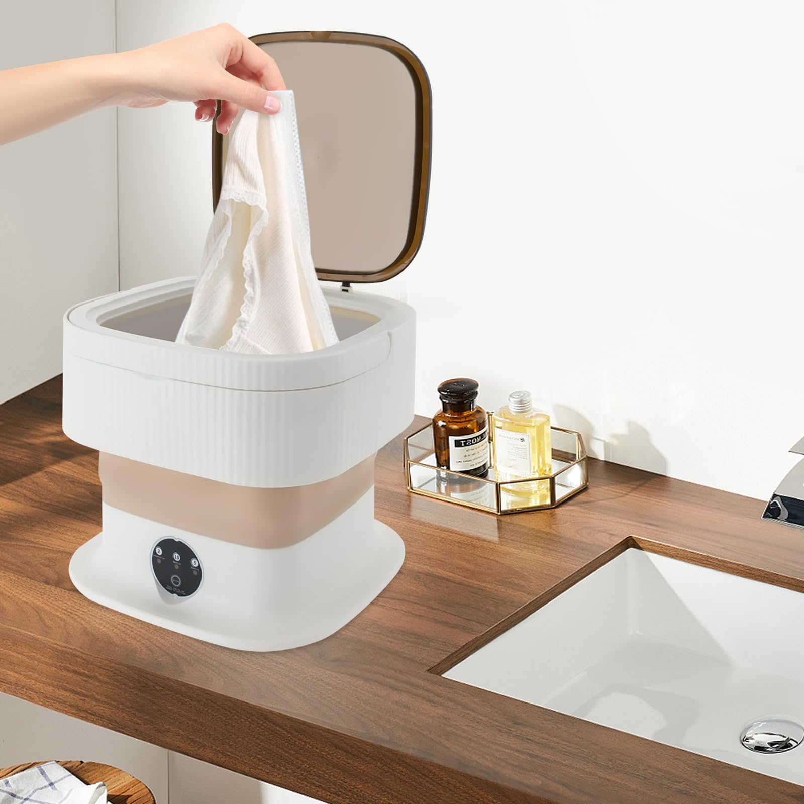 Mini lavatrice portatile da 10 l, lavatrice pieghevole con 3 modalità, per biancheria intima, calze, vestiti per bambini, semiautomatica (Cachi)