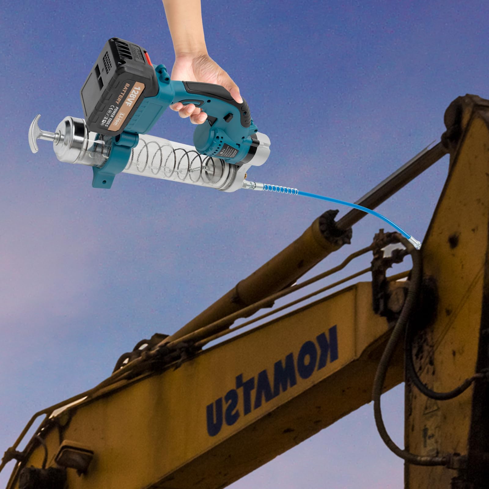 Akku Fettpresse Fettpistole mit 2 Batterien für Fahrzeug Maschinen Landwirtschaft und Industrie mit flexiblem Schlauch 50cm und Hartrohr 80cm 560W Motor 6000psi Druck
