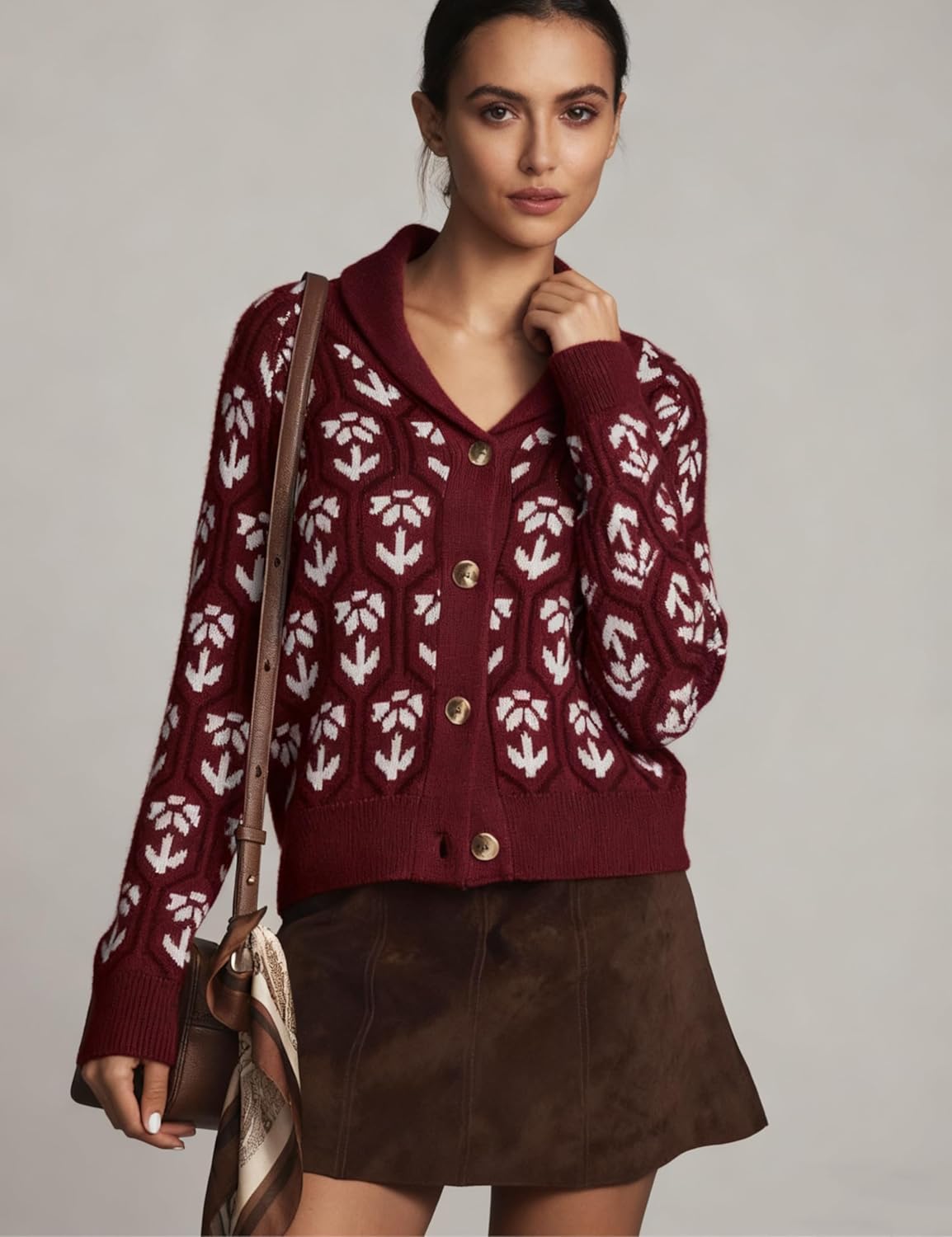 Women Floral Cropped Cardigan Sweaters Shawl Collar Long Sleeve Button Down Knit Jacket Flower Print Knitwear - Image 2