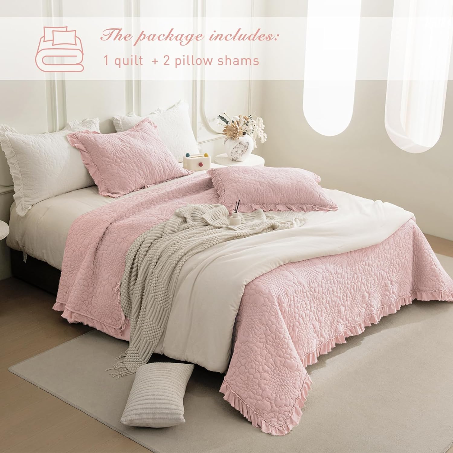 Sanracie Stonewashed Cotton Quilt Set King Size(110"x98"), Ruffled Light Pink Quilt Coverlet Bedding Set Flower Shabby Rustic Chic Quilted Bedspread Set 3PCS for All Season - Image 8