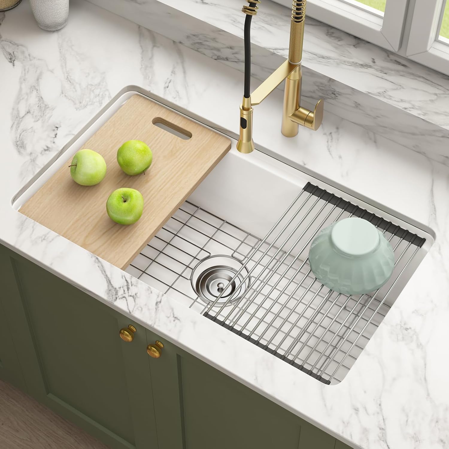 Undermount Kitchen Sink Workstation 33x19 Inch - Drop in White Farm Sink, Single Bowl Deep Fireclay Sink with 4 Accessories, for Kitchen, Island