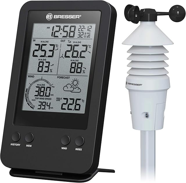 Bresser Bresser Wetterstation Funk mit Außensensor 3-in-1 Profi Windmesser mit Anzeige für Windgeschwindigkeit, Temperatur und Luftfeuchtigkeit, Schwarz — Wetterstationen
