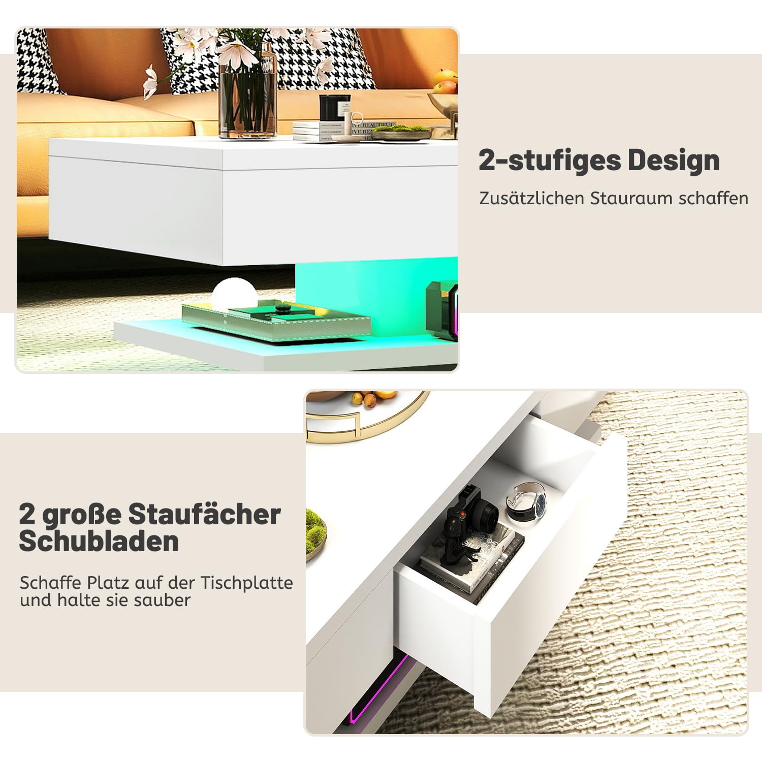 Couchtisch, Modern Sofatisch Wohnzimmertisch mit 2 Schublade, Wohnzimmertisch Hochglanz Modern, Beistelltisch Weiss mit Offenem Ausstellungsregal Weiß, 100 * 60 * 35cm(LED Nicht enthalten)