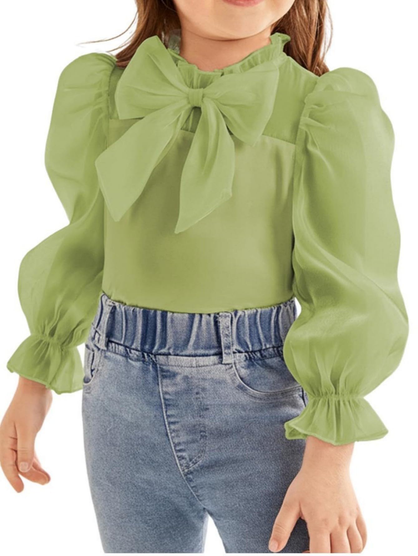 WDIRARA Girl's Bow Front Cute Long Sleeve Blouse Mock Neck Shirt Ruffle Mesh Casual Top Tee