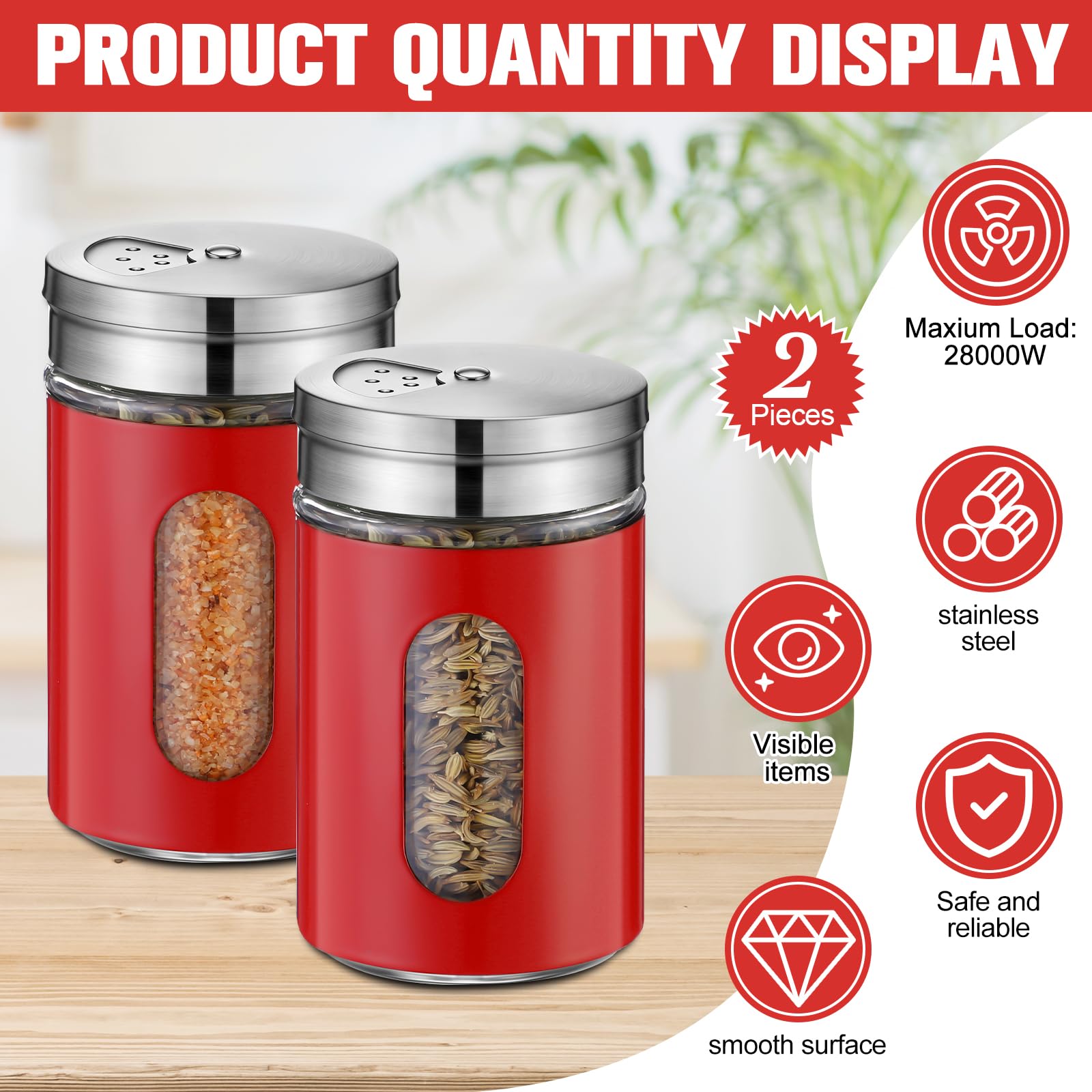Teenyyou Juego de salero y pimentero de acero inoxidable con agujeros, dispensador de especias de acero inoxidable con agujeros ajustables, decoración moderna para encimera de cocina (rojo)