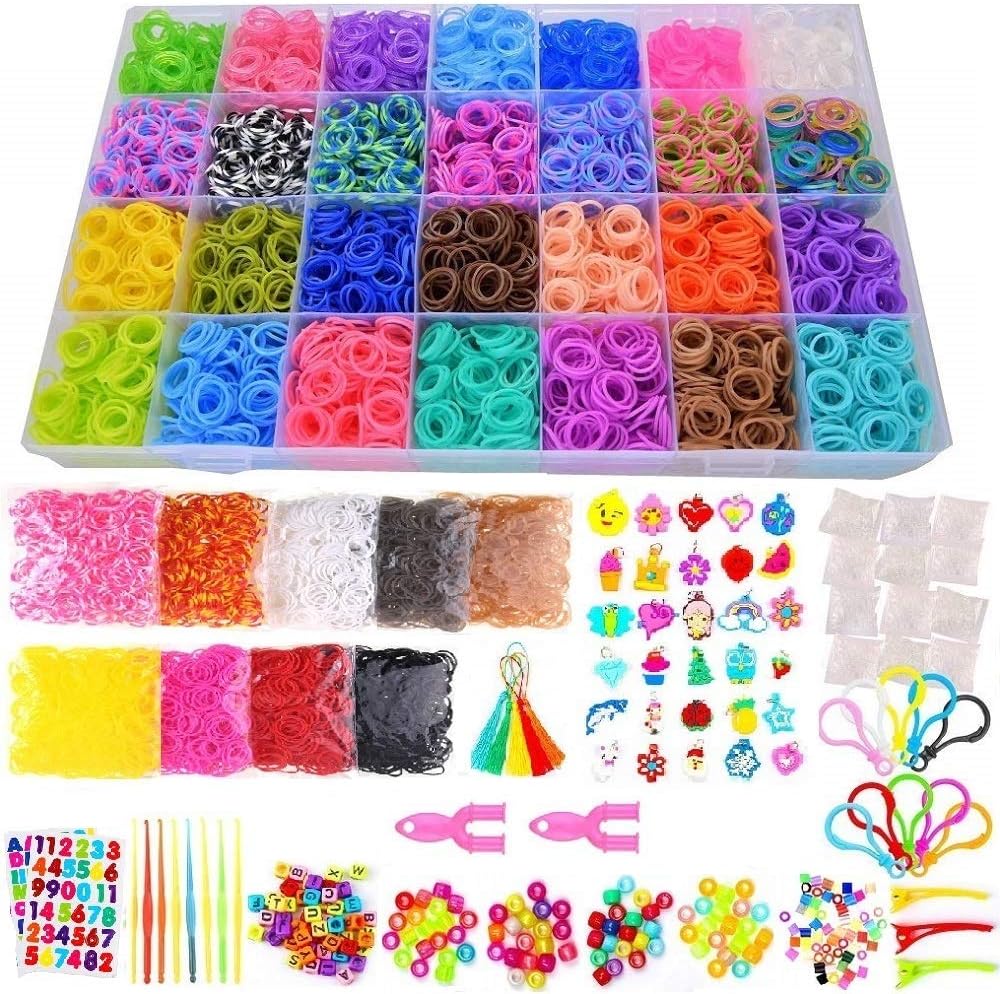 19000+ Rainbow Rubber Bands Refill Kit, 37 Colors Loom Bands, 1000 S-Clips, 2 Y Looms, 280 Beads, 52 ABC Beads, 30 Charms, 10 Backpack Hooks, Tassels, Crochet Hooks and ABC Stickers by INSCRAFT