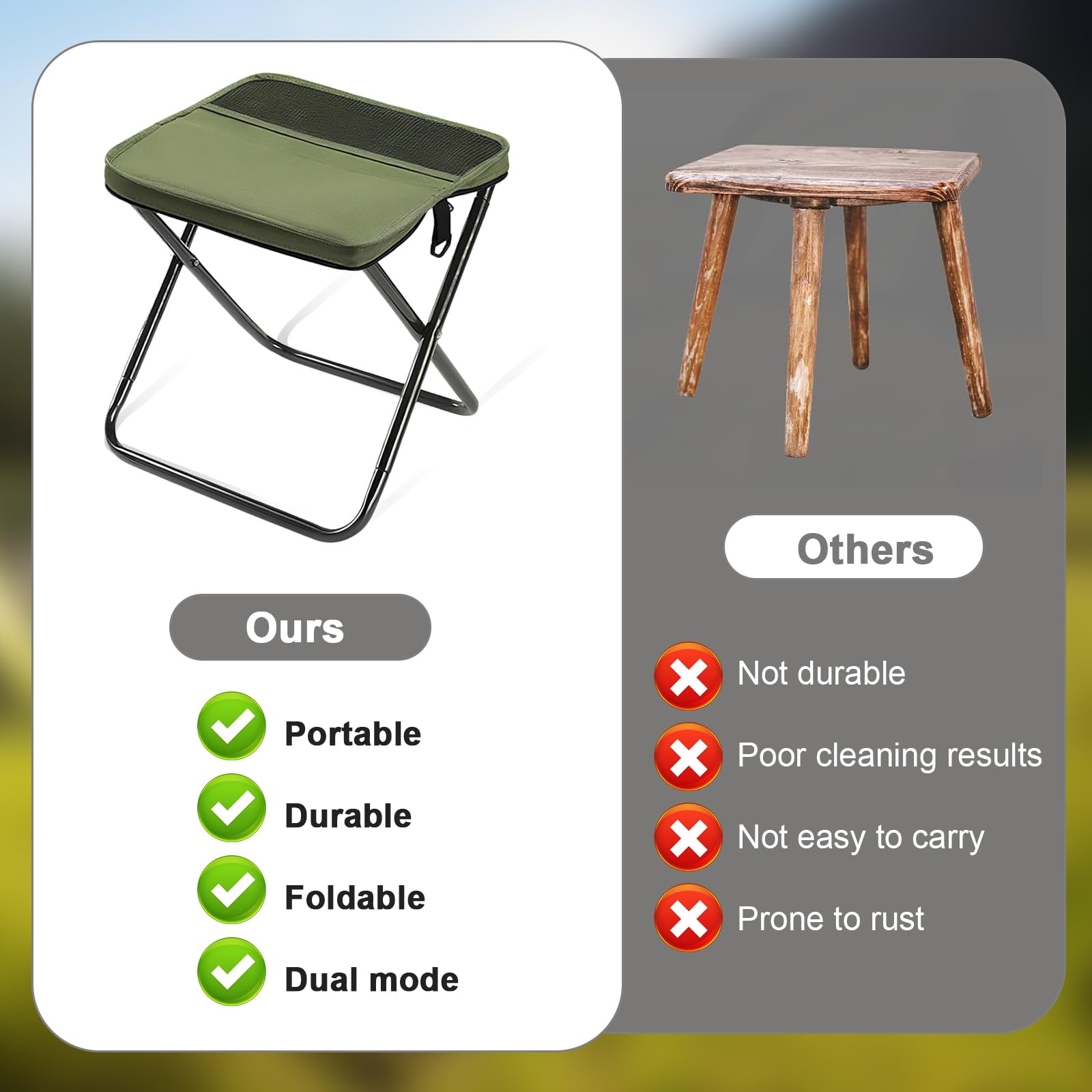 Sgabello Pieghevole da Zaino e Sedile Portatile per Campeggio, Pesca, Viaggio, Escursionismo e Giardino (Verde, Grande)