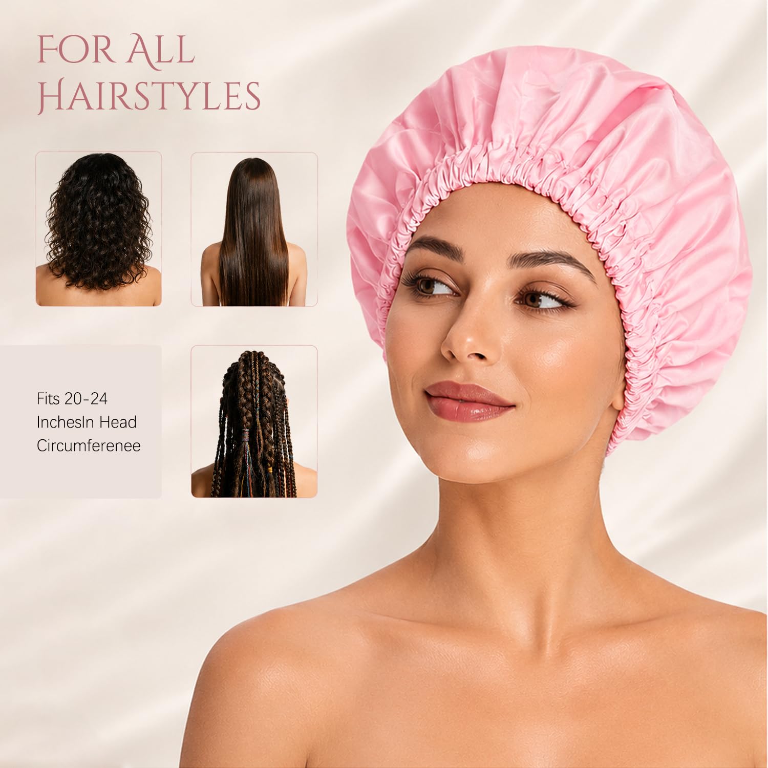 Satin Lined Shower Cap for Women, Waterproof Double Layer Shower Cap for Curly Long Thick Hair, Extra Large Reusable Bath Cap, Anti-Frizz Hair Protection Keeps Hair Dry