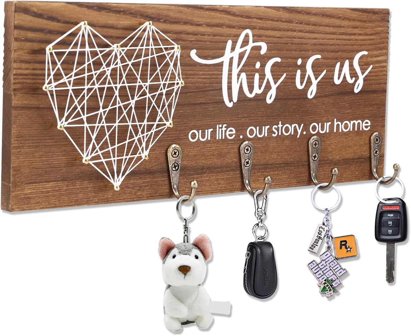 FREEDHIN Key Holder for Wall with 4 Hooks, Rustic Home Decor Key Hanger for Wall, Wall Mount Wooden Key Holder for Entryway or Mudroom (Brown)
